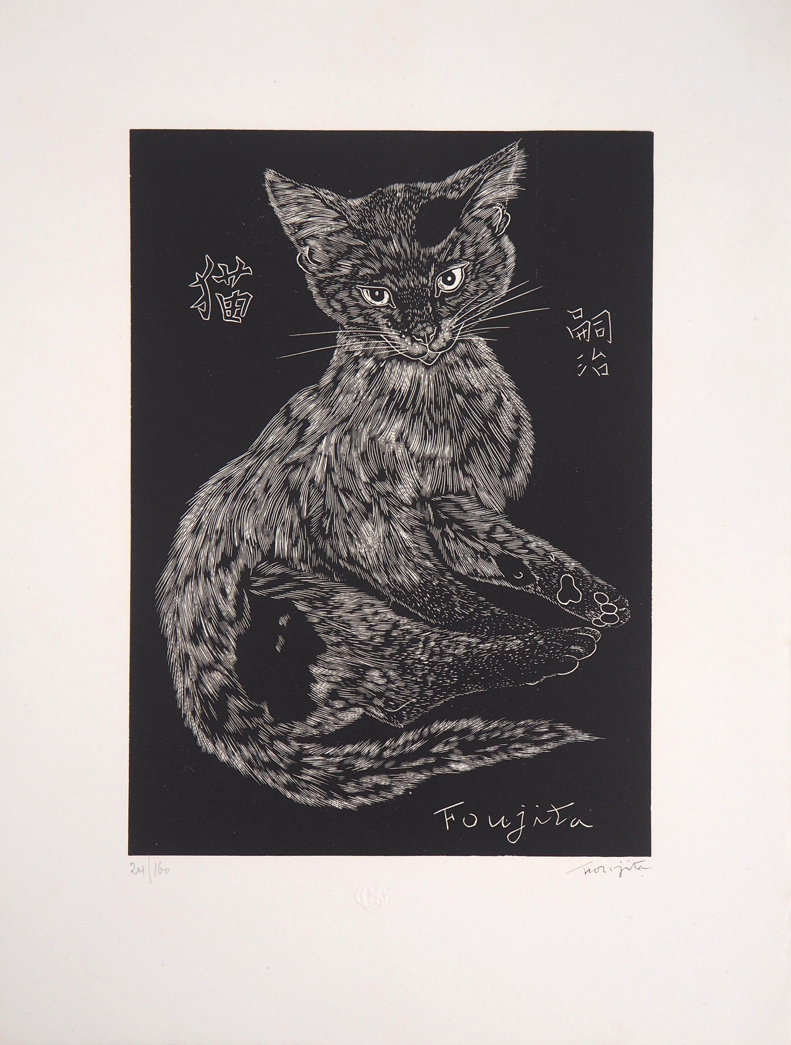 Cat - Taille sur bois originale, signée et numérotée /160 - Buisson #27-03 - Gris Animal Print par Leonard Tsuguharu Foujita
