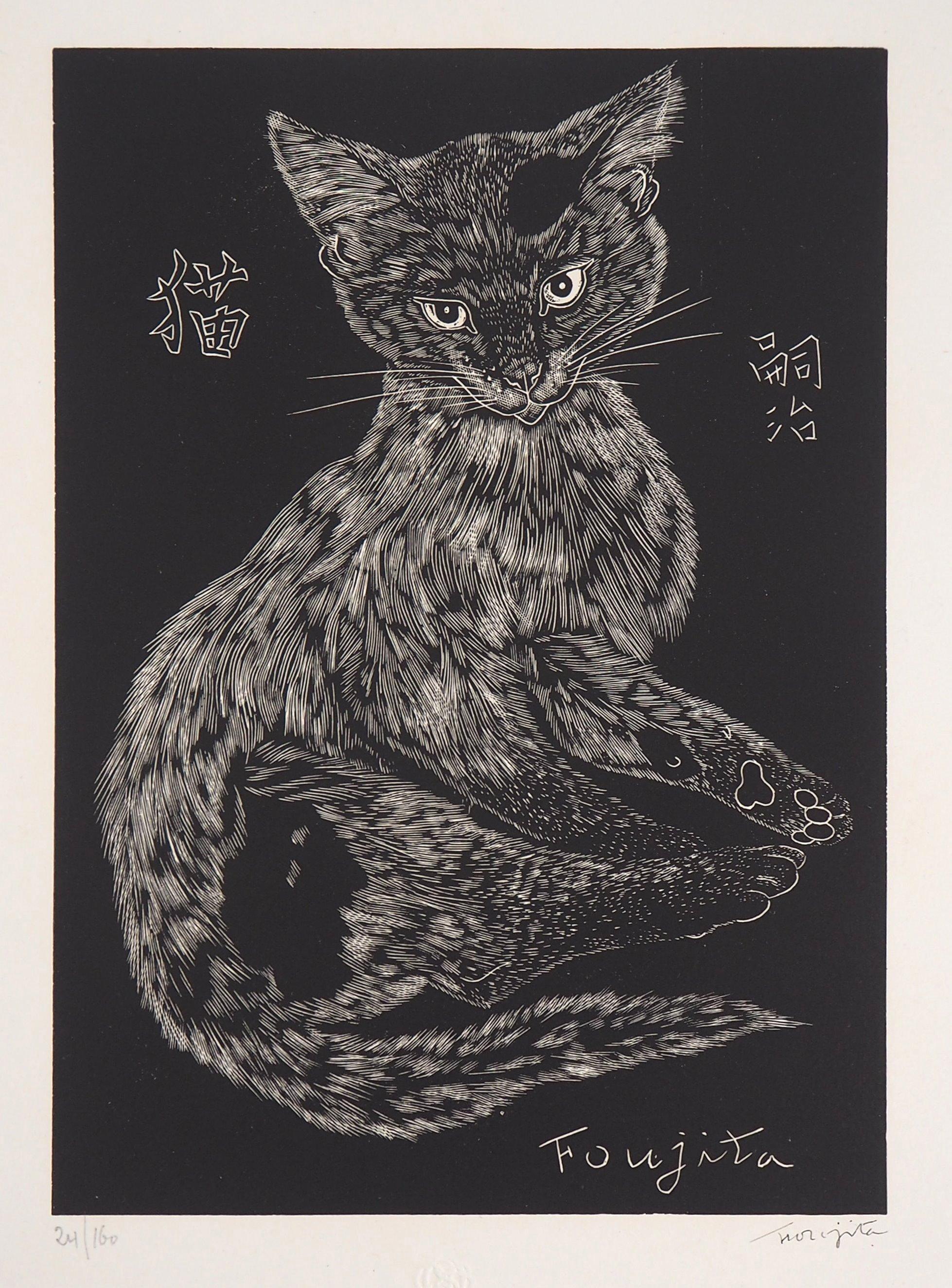 Leonard Tsuguharu Foujita Animal Print - Cat - Original woodcut, Handsigned and Numbered /160 - Buisson #27-03