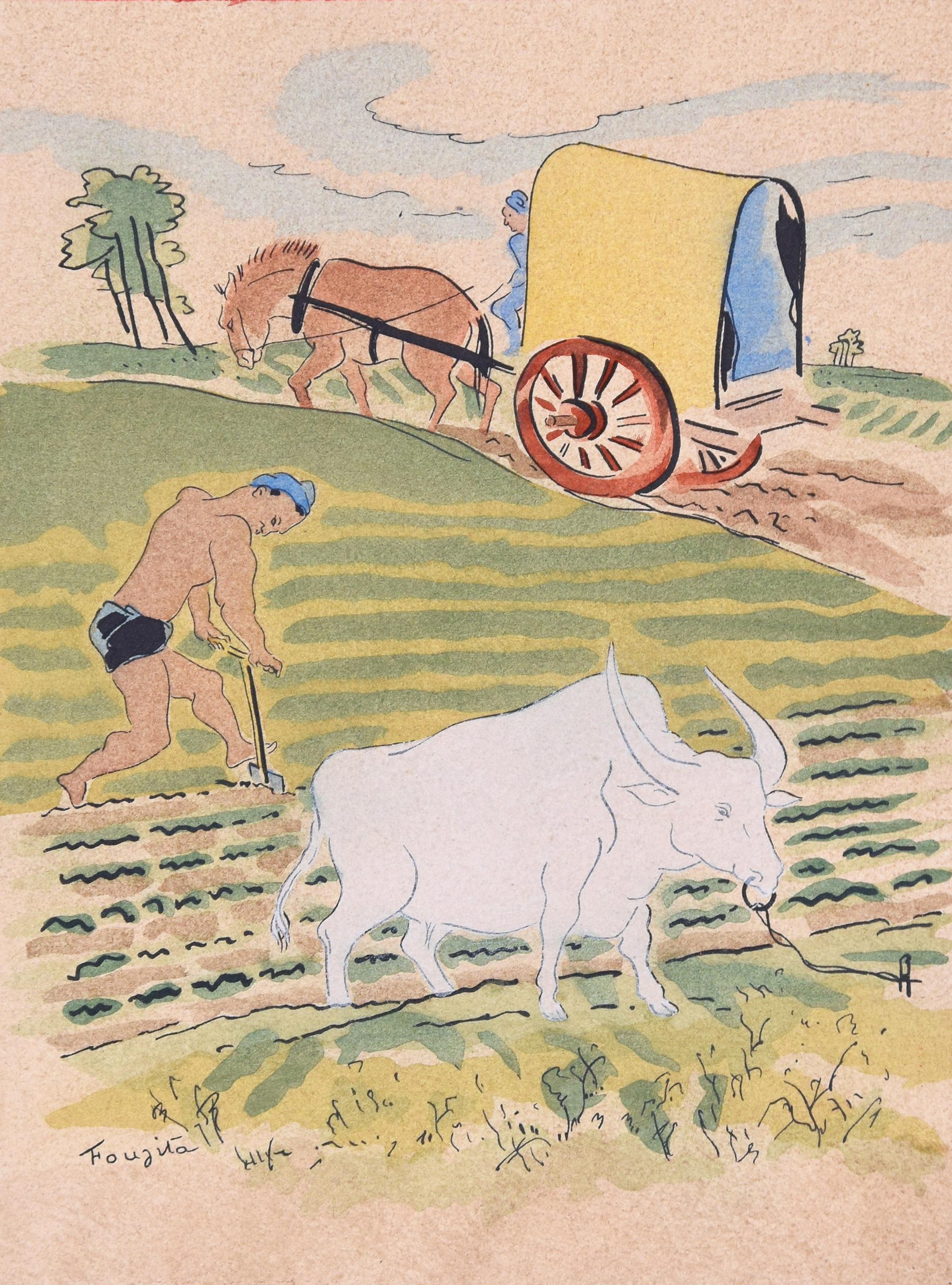Leonard Tsuguharu Foujita Figurative Print - Field Work - Original Lithograph by L.T. Foujita - 1928