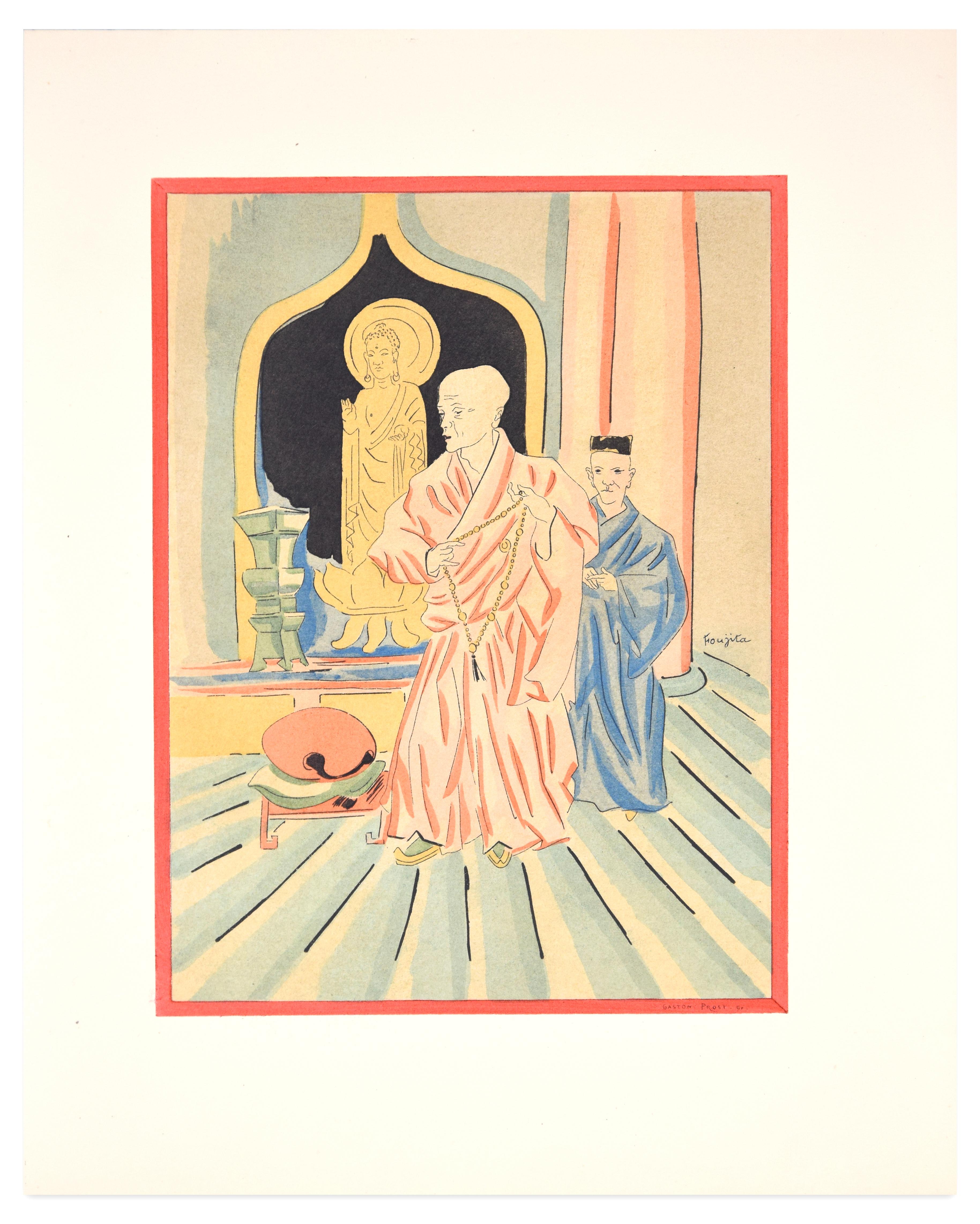 In a Buddhist Temple - Original Lithograph by L.T. Foujita - 1928 - Print by Leonard Tsuguharu Foujita