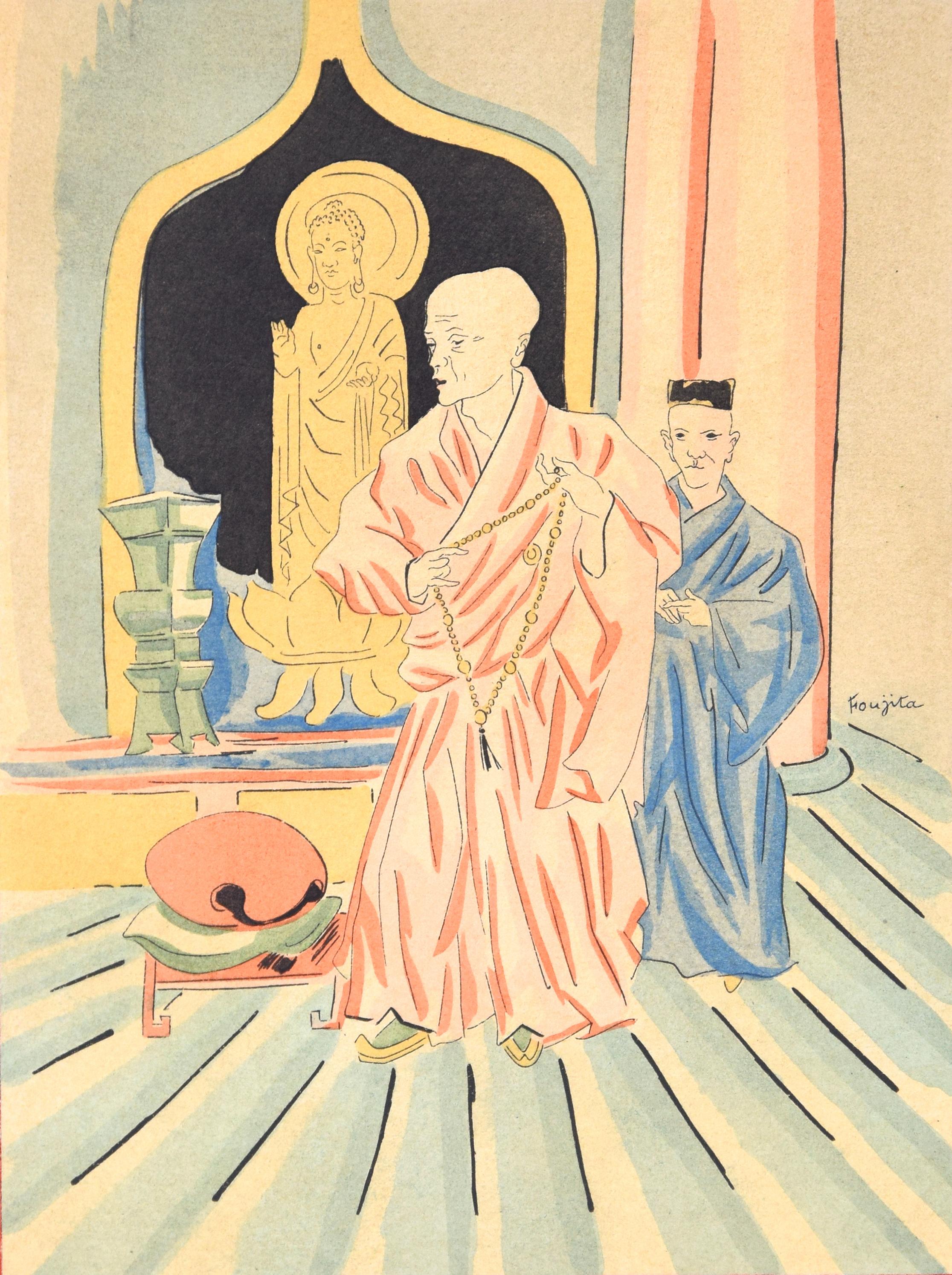 Leonard Tsuguharu Foujita Figurative Print - In a Buddhist Temple - Original Lithograph by L.T. Foujita - 1928