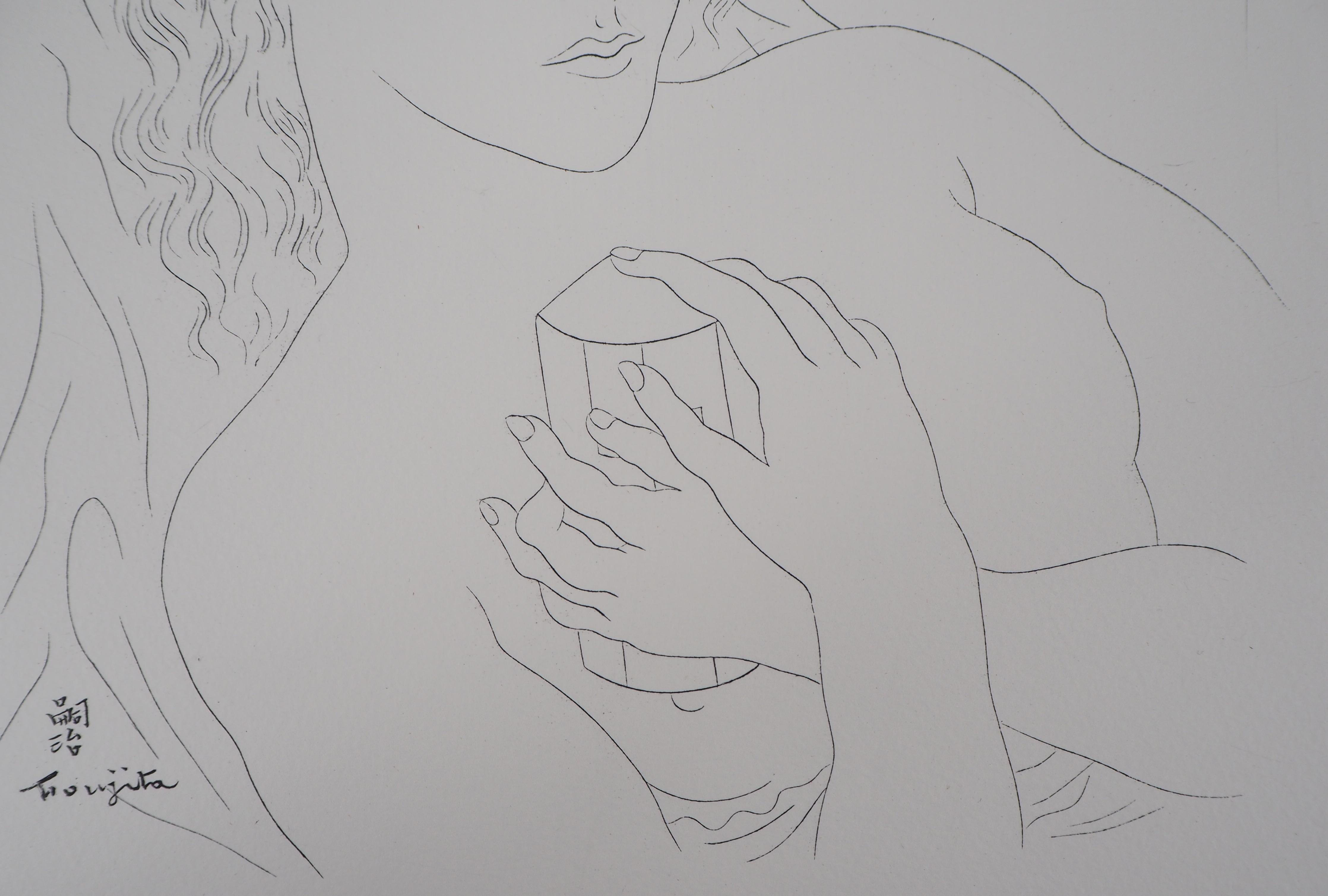Isabey : Woman with Perfume Bottle - Original etching (Buisson #28.74) - Gray Portrait Print by Leonard Tsuguharu Foujita