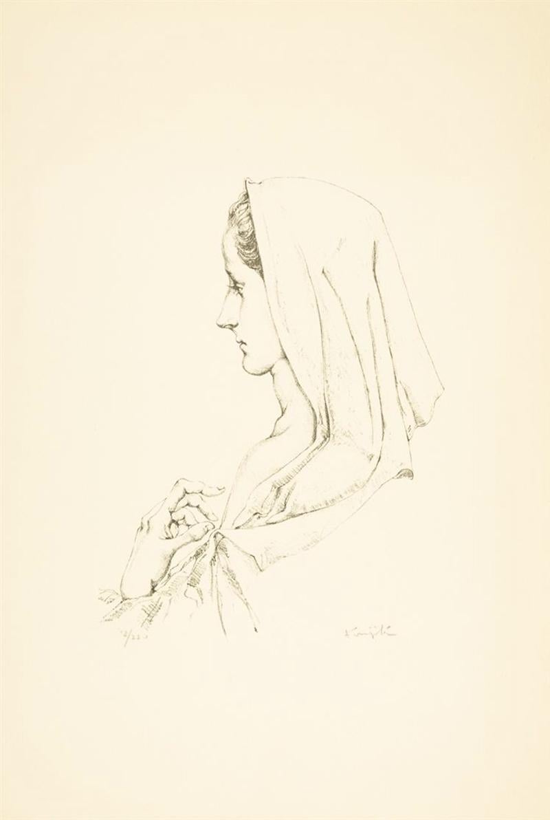 Artista: Leonard Tsuguharu Foujita 
Título: "Perfil de madona 
Año: 1957
Técnica: Litografía sobre papel
Tamaño: 55,5 x 38 cm. (21,85 x 14,96 pulg.)
Edición: 165/220
firmado y numerado a lápiz
Estado: En excelente estado 
Léonard Tsuguharu Foujita,