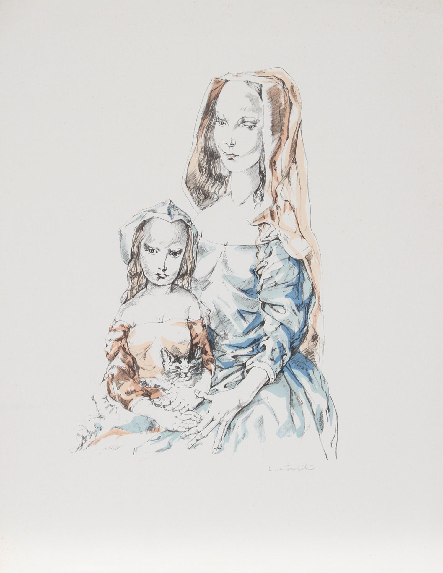 Mutter und Kind, Lithographie von Tsuguharo Foujita