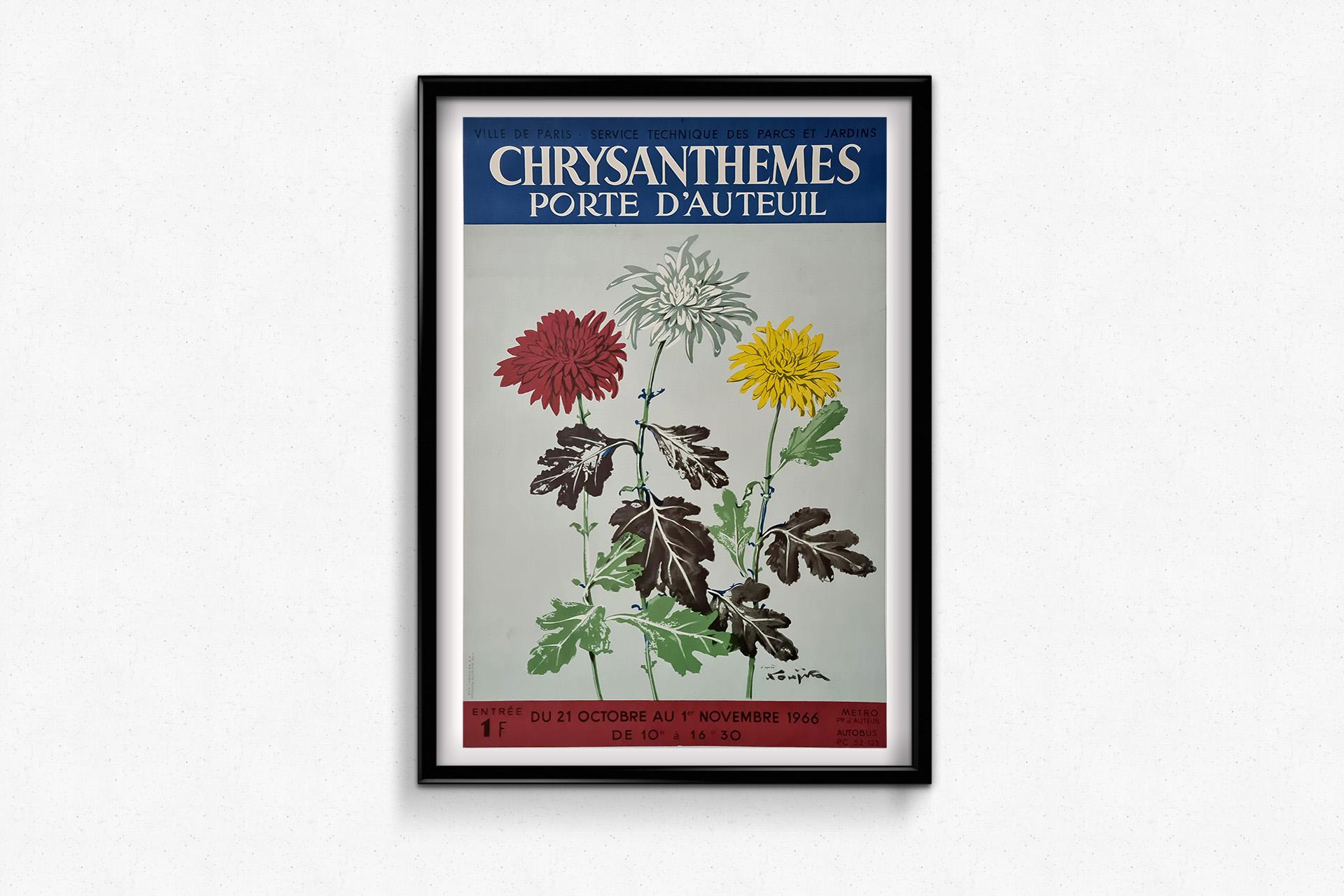 This original 1966 poster was created for the Chrysanthemums Exhibition at Porte d'Auteuil, Paris, organized by the Service Technique des Parcs et Jardins de la Ville de Paris. Featuring a stunning floral composition, the artwork is after Tsuguharu