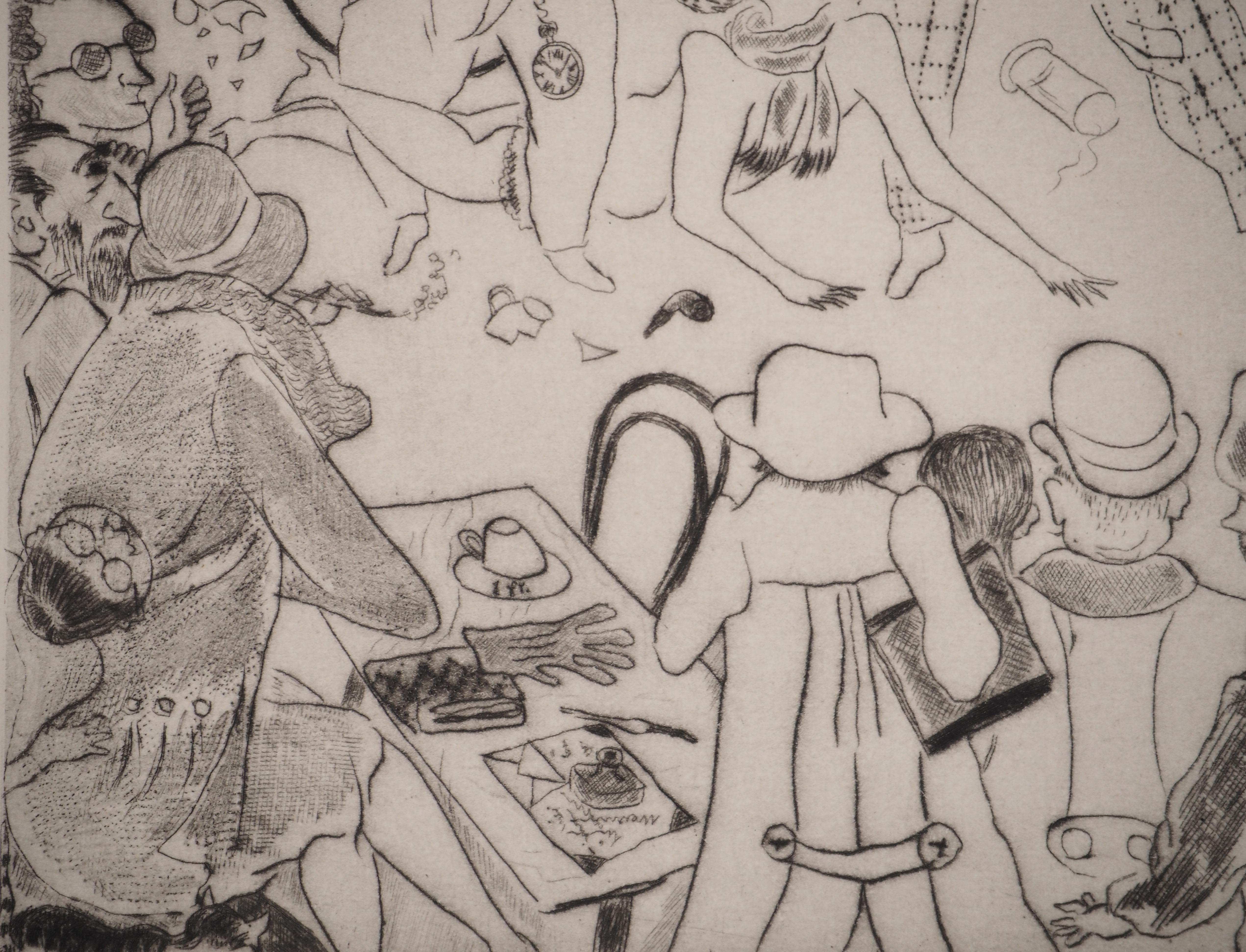 Paris : The Café - Gravure originale (Buisson #25-68) - Marron Figurative Print par Leonard Tsuguharu Foujita