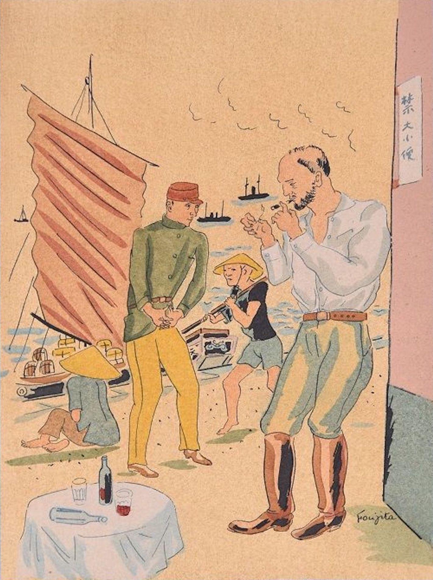 (after) Leonard Tsuguharu Foujita Figurative Print - Propos d'un Intoxiqué - Lithograph after L.T. Foujita - 1928