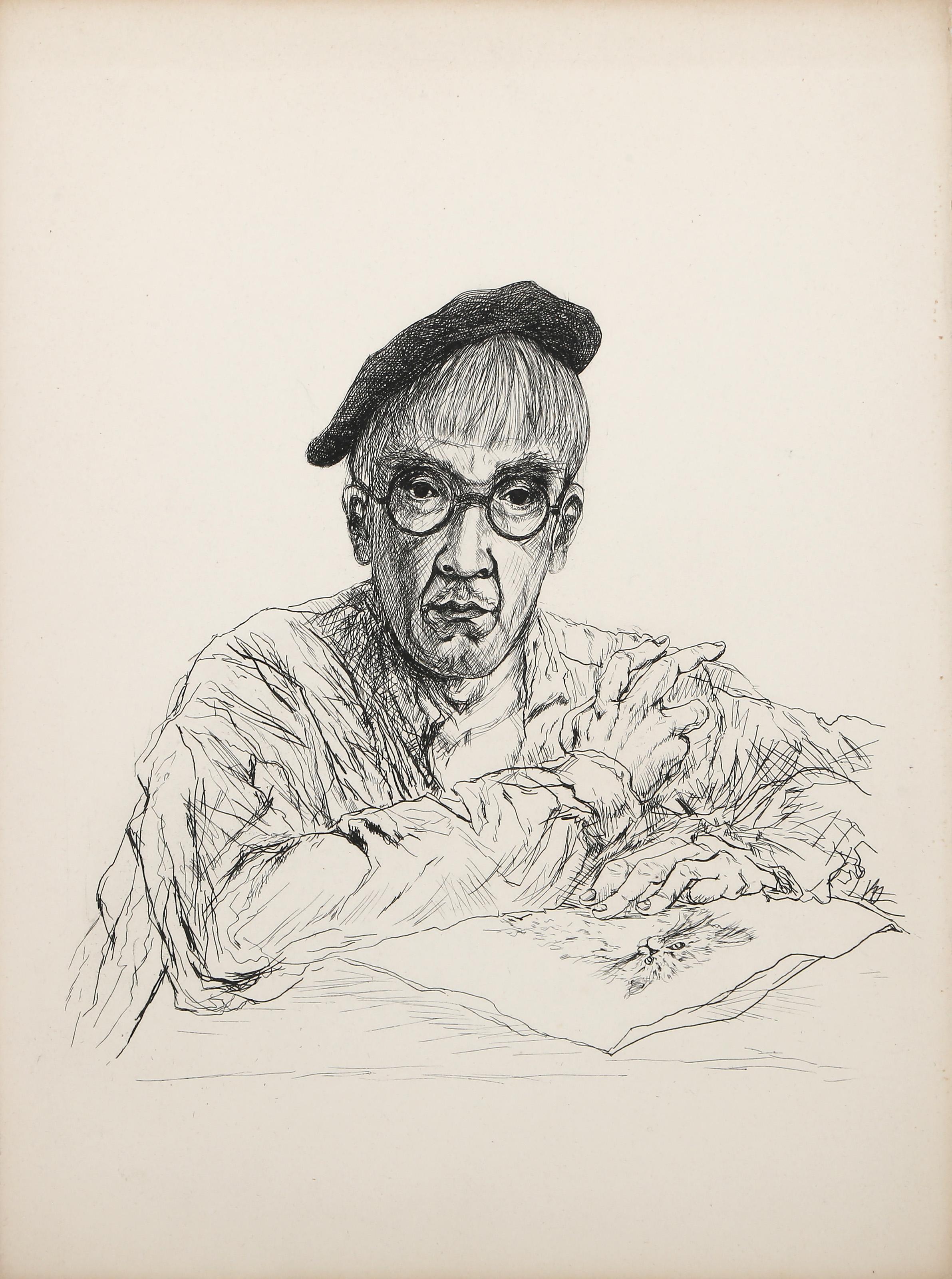 Self-Portrait, Moderne Radierung von Léonard Tsuguharu Foujita (Beige), Portrait Print, von Leonard Tsuguharu Foujita