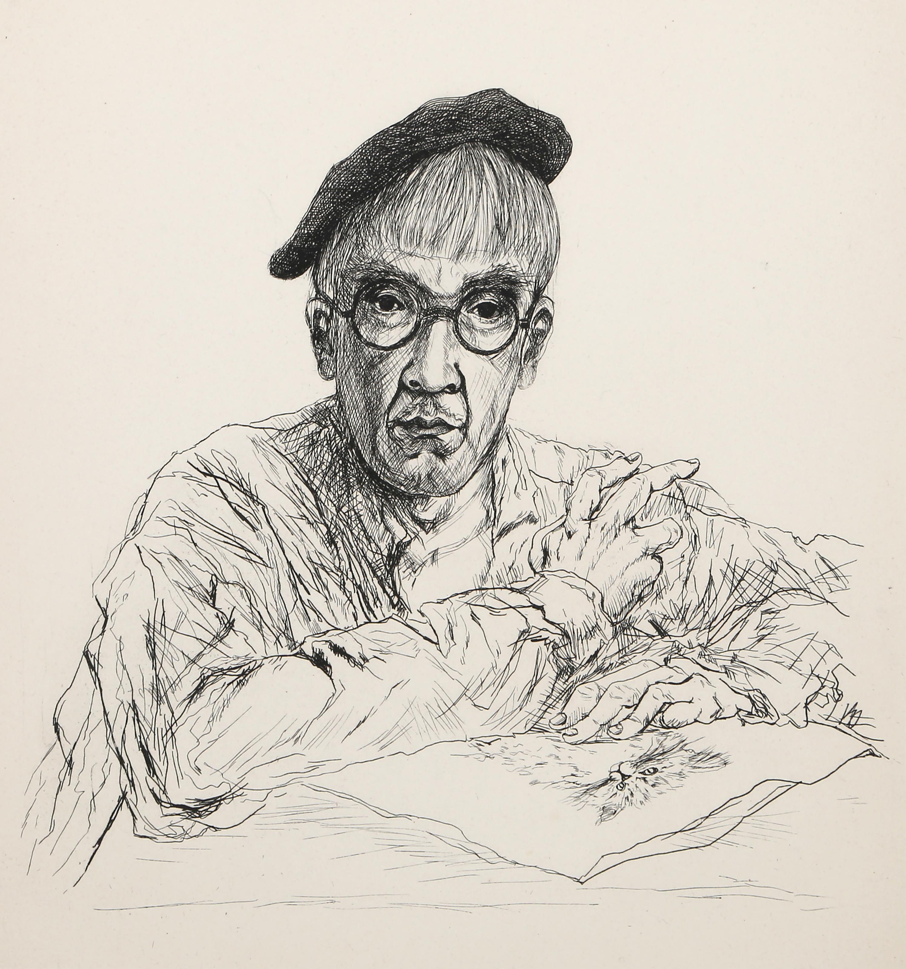 Leonard Tsuguharu Foujita Portrait Print – Self-Portrait, Moderne Radierung von Léonard Tsuguharu Foujita