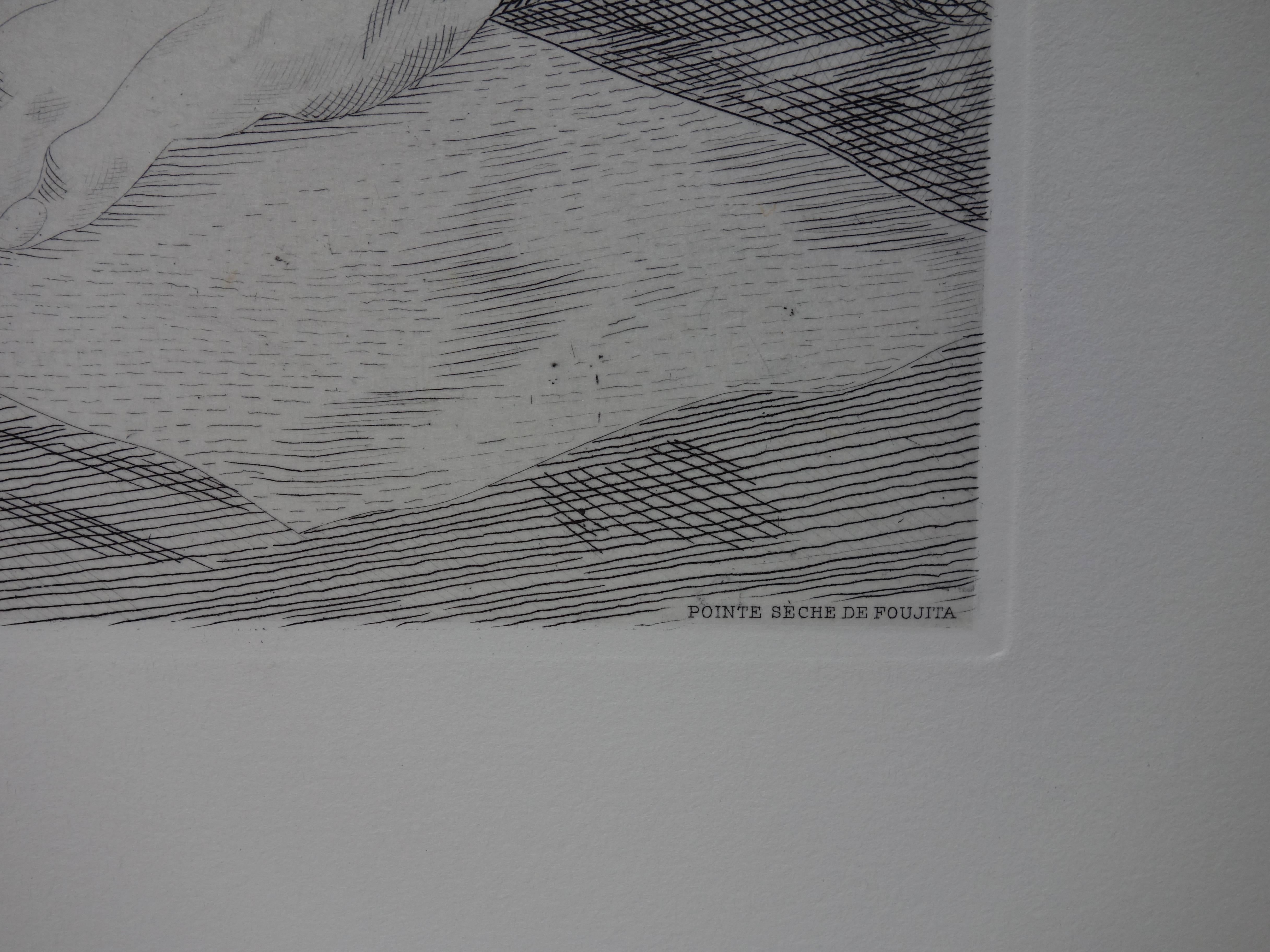 Self Portrait With a Cat - Original etching (Buisson #26-64) - Realist Print by Leonard Tsuguharu Foujita