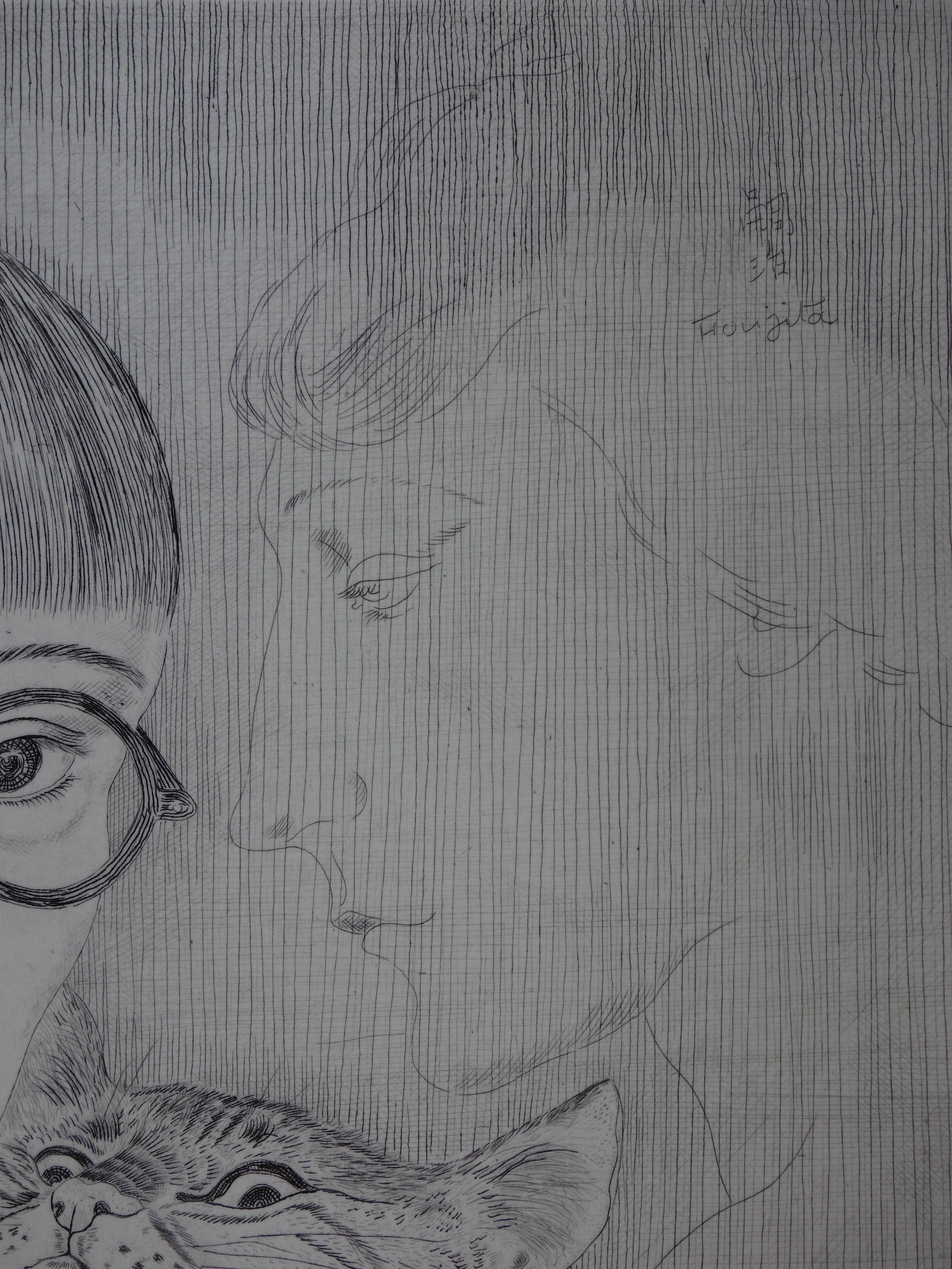 Leonard Tsuguharu FOUJITA
Self portrait  with a cat

Original drypoint etching
Printed signature in the plate
On vellum 65 x 50 cm (c. 26 x 20in)
Rare proof on Japan paper applied on vellum
Posthumous edition by Chalcographie du Louvre,