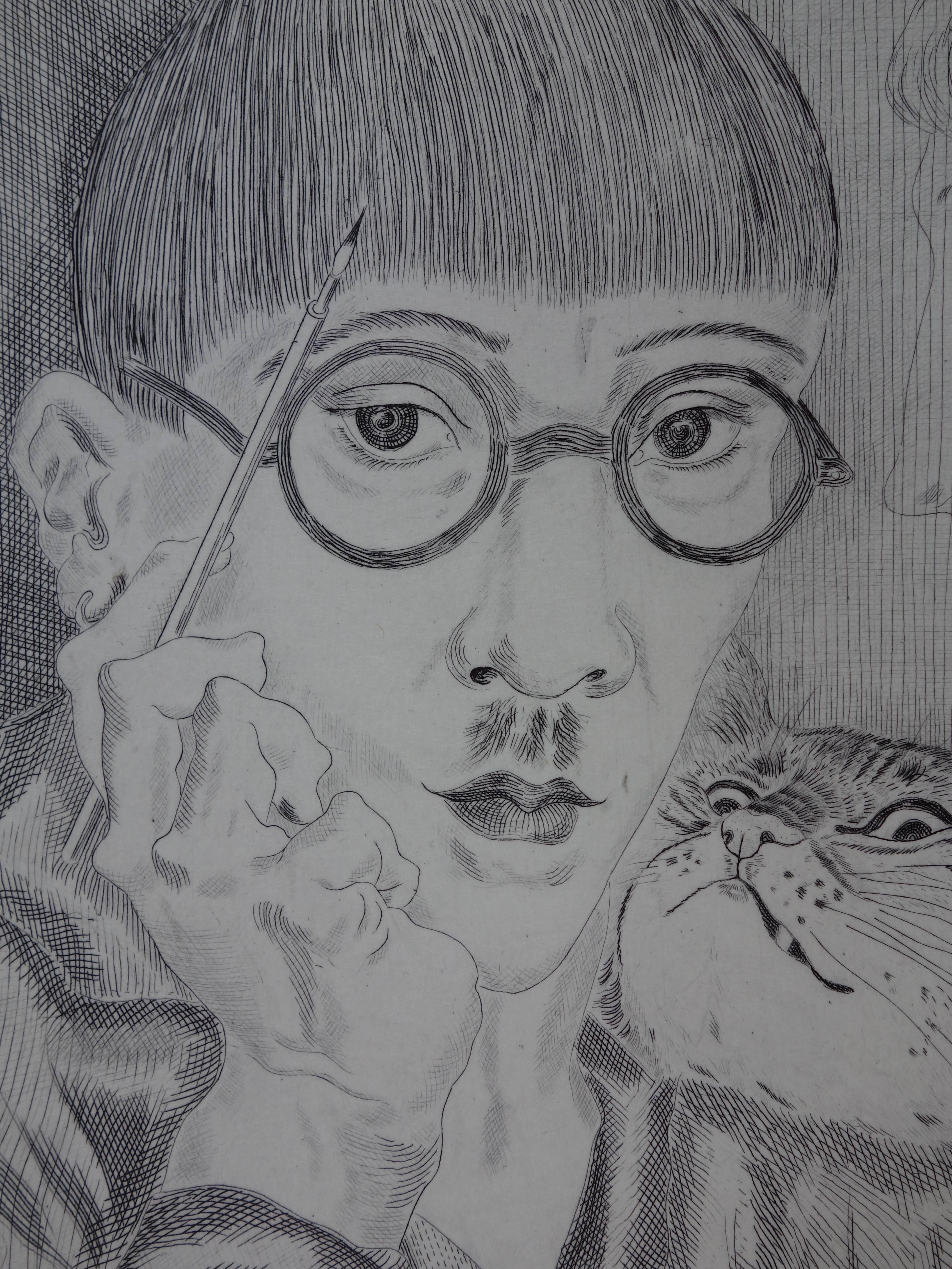 Self Portrait With a Cat - Original etching (Buisson #26-64) For Sale 1