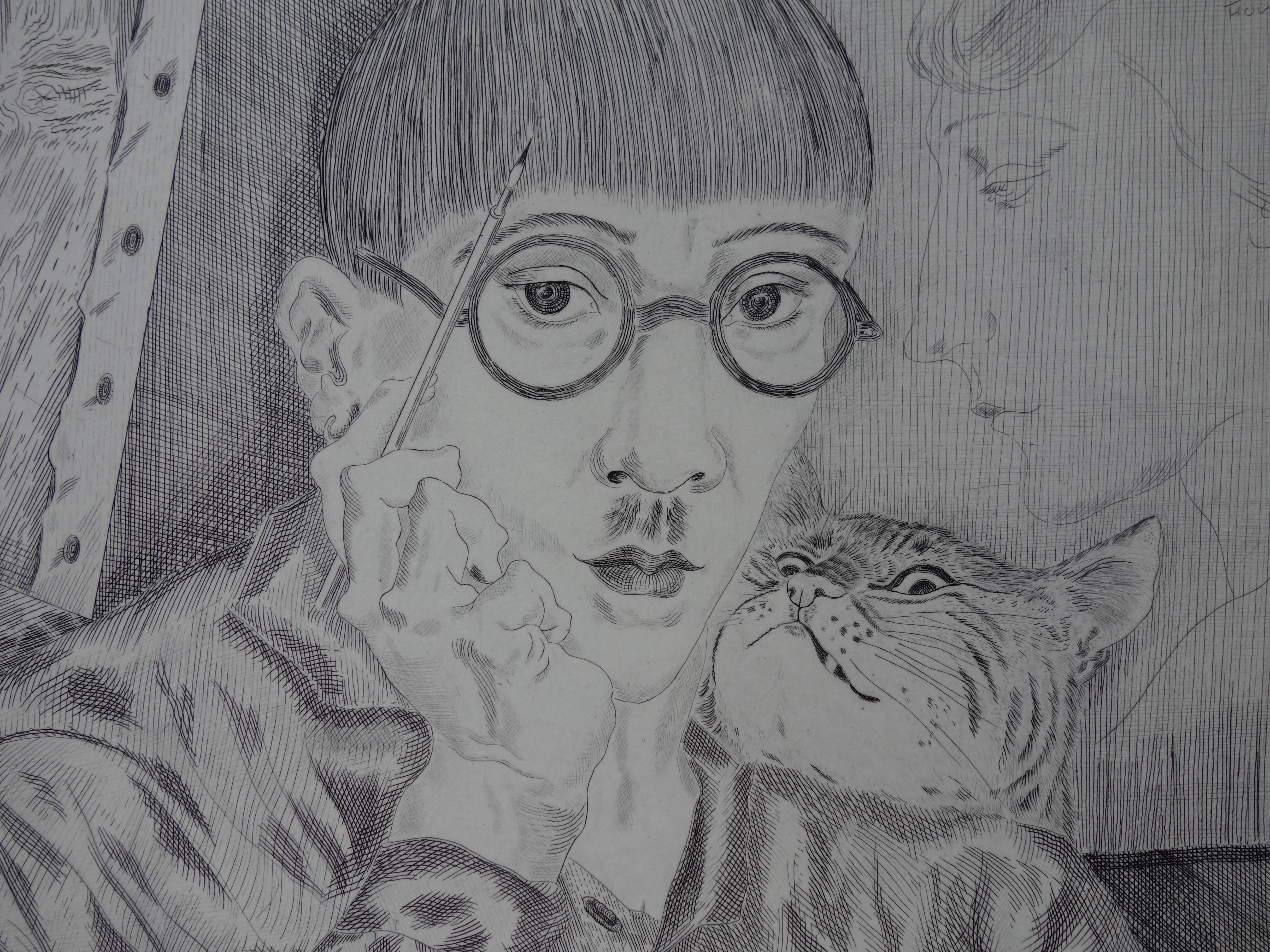 Self-Portrait avec un chat - Gravure originale en vente 5
