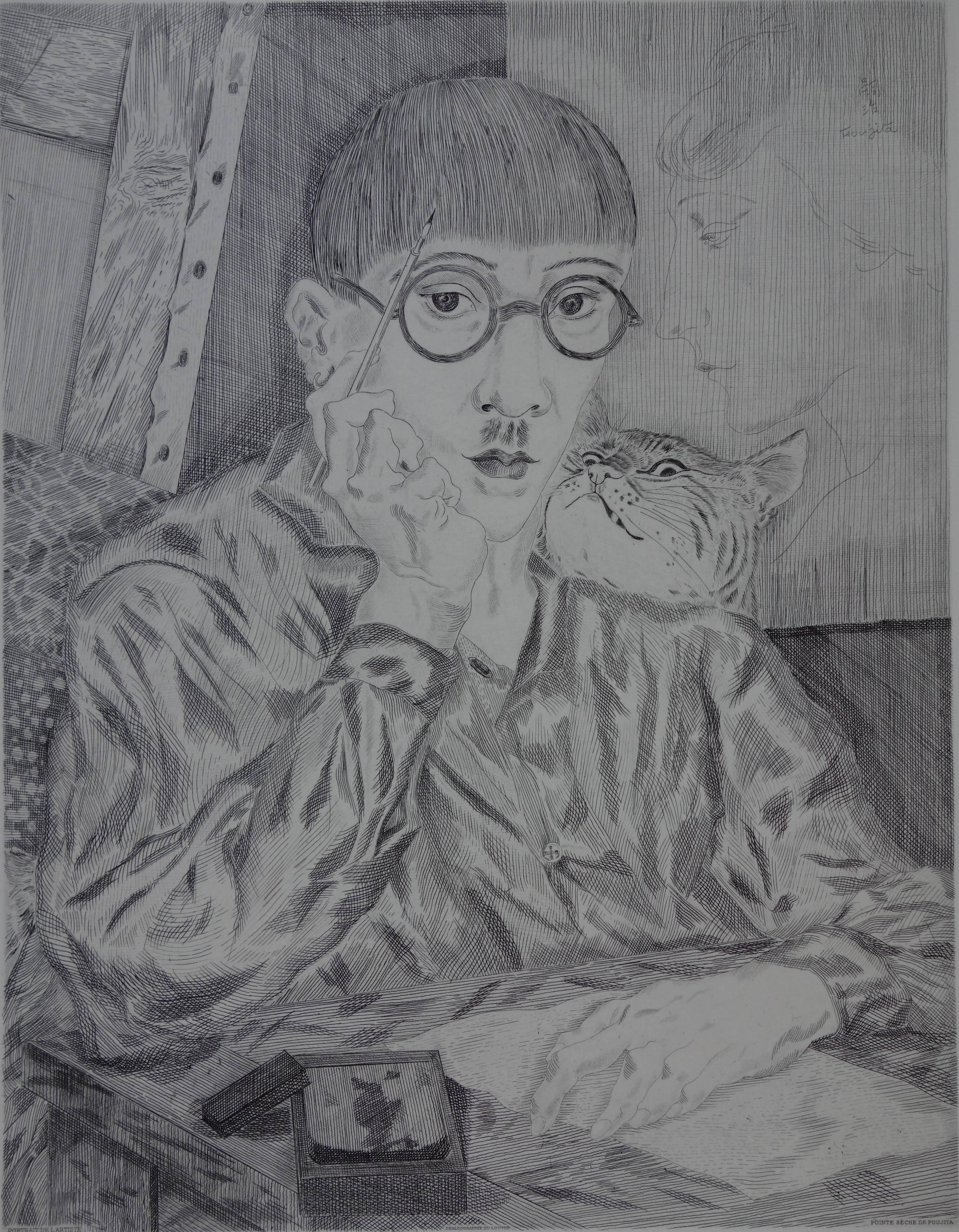 Self Portrait With a Cat - Original etching - Gray Portrait Print by Leonard Tsuguharu Foujita