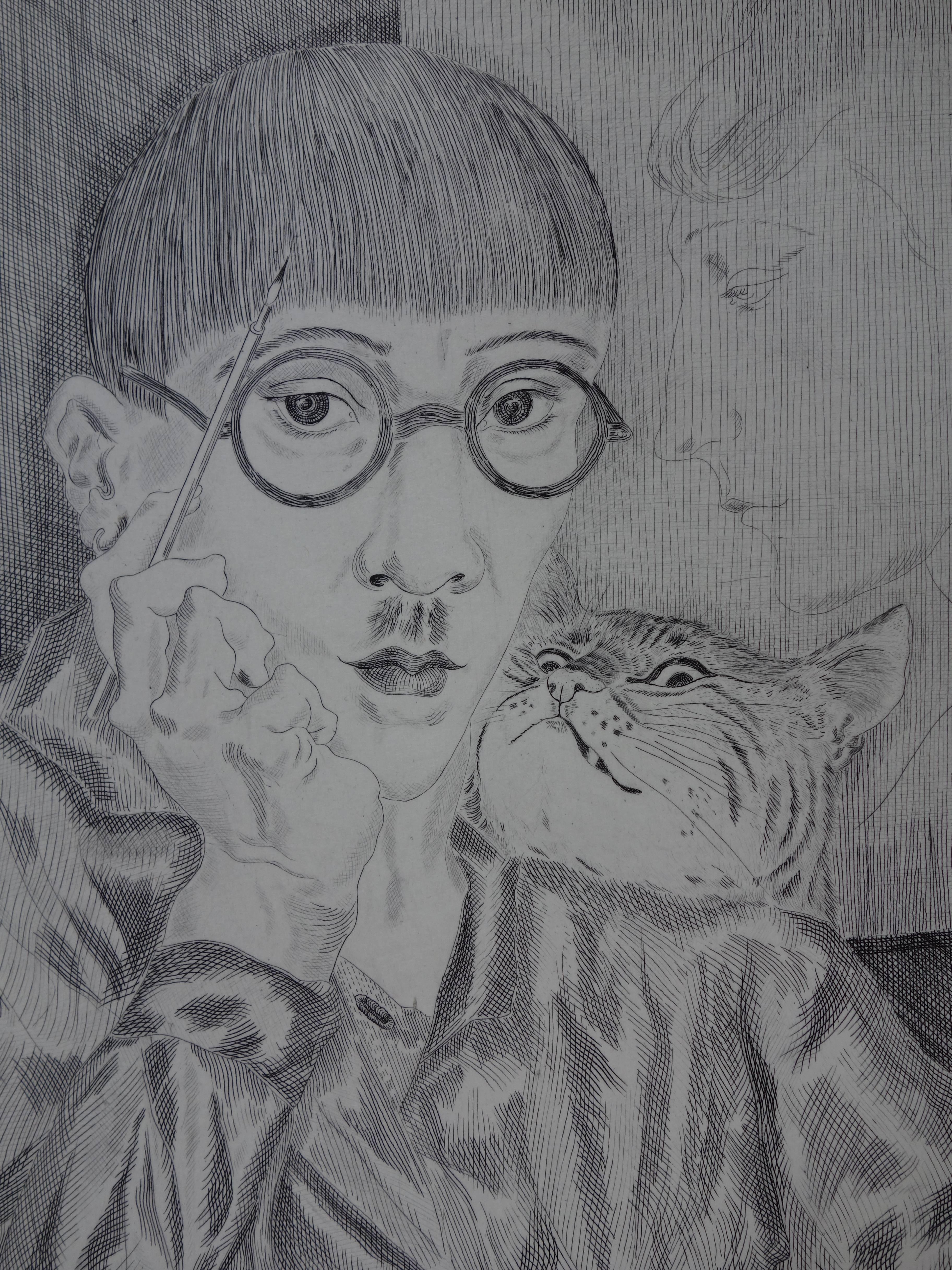 Self Portrait With a Cat - Original etching 2