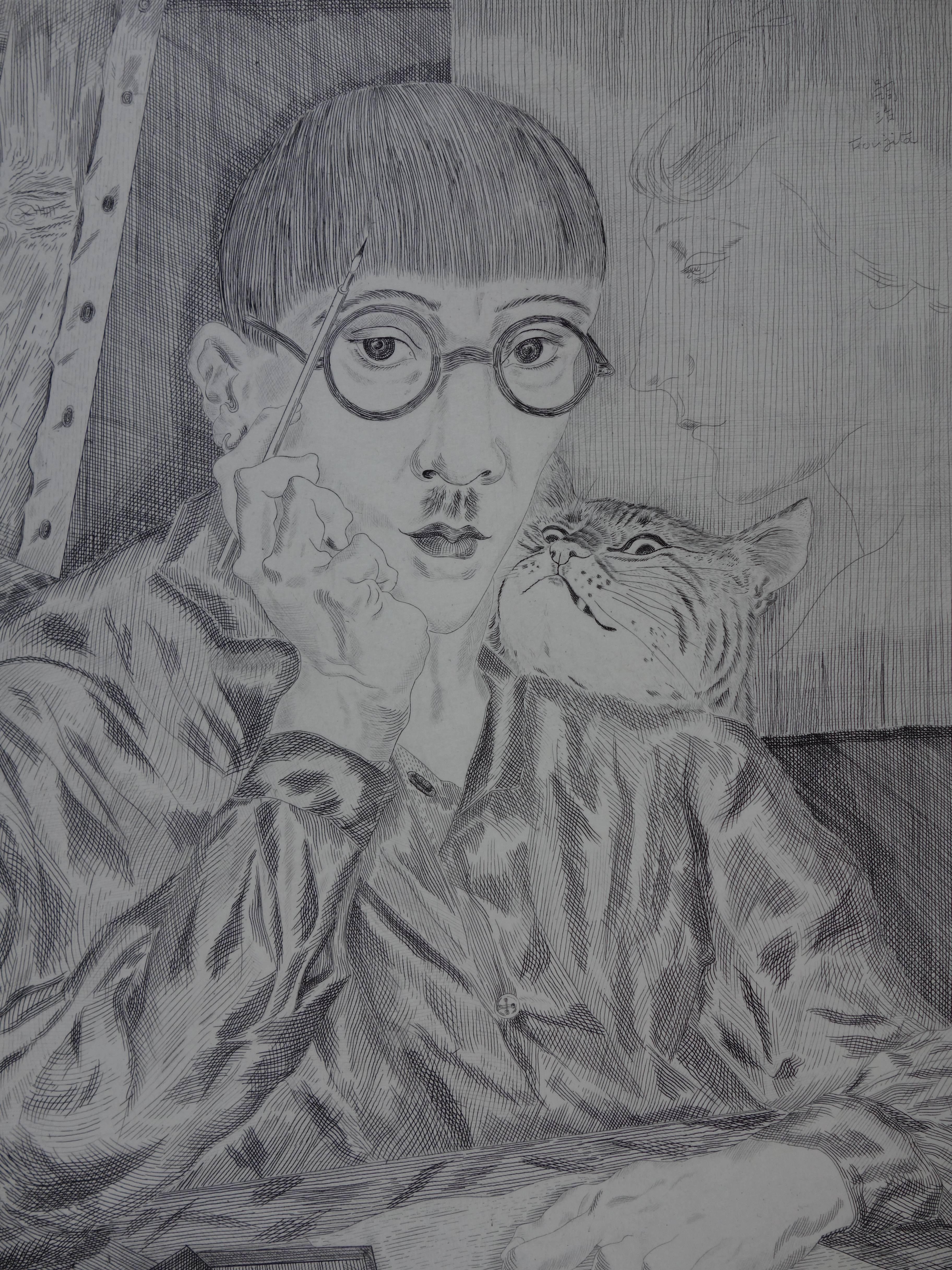 Self Portrait With a Cat - Original etching 1