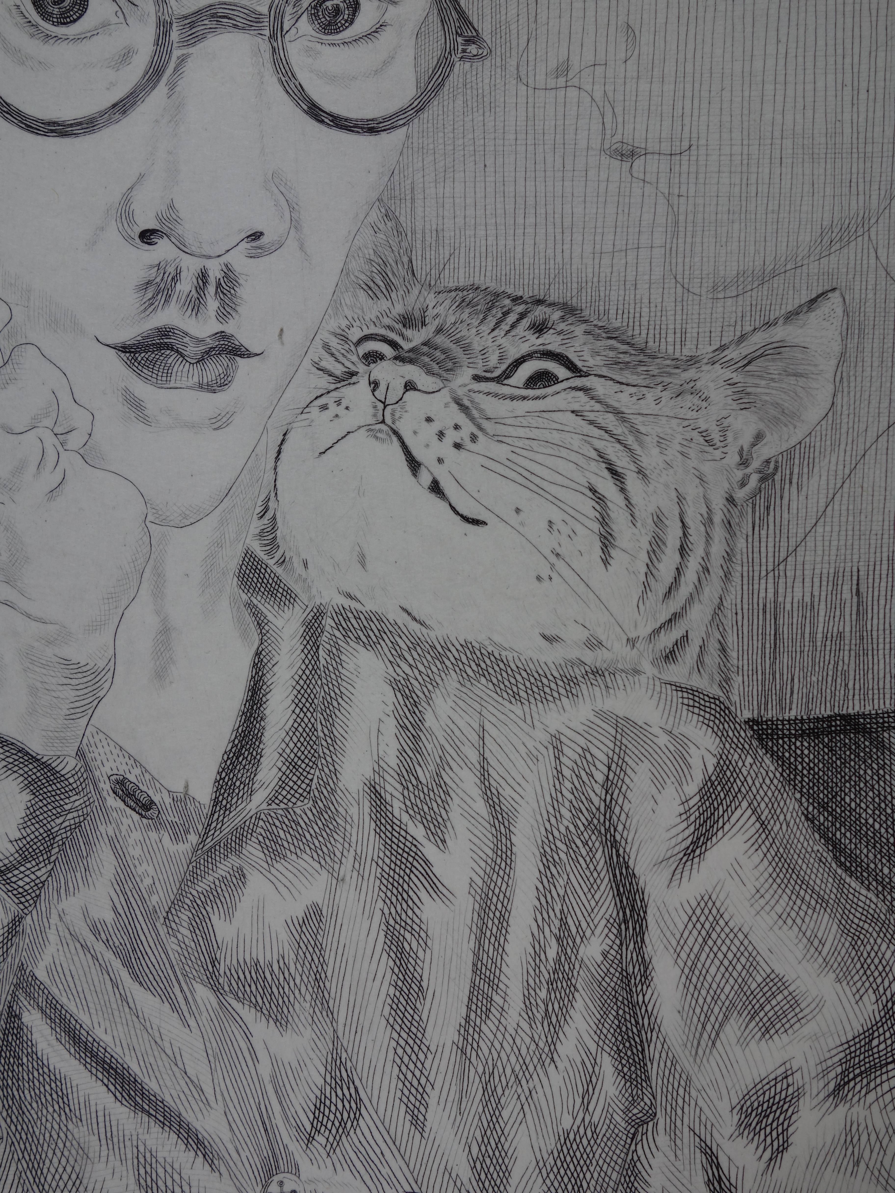 Self Portrait With a Cat - Original etching 2
