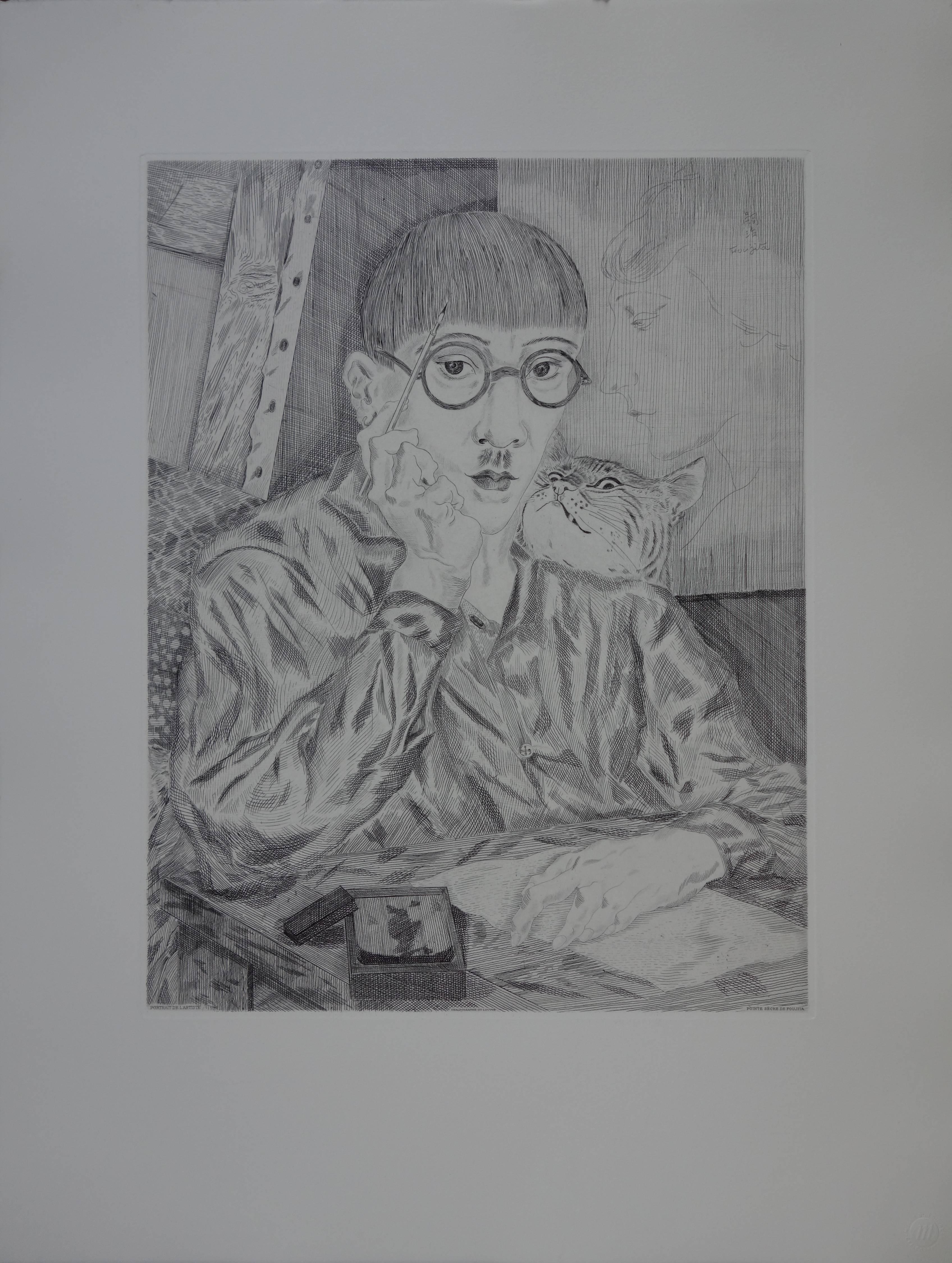 Leonard Tsuguharu Foujita Portrait Print - Self Portrait With a Cat - Original etching