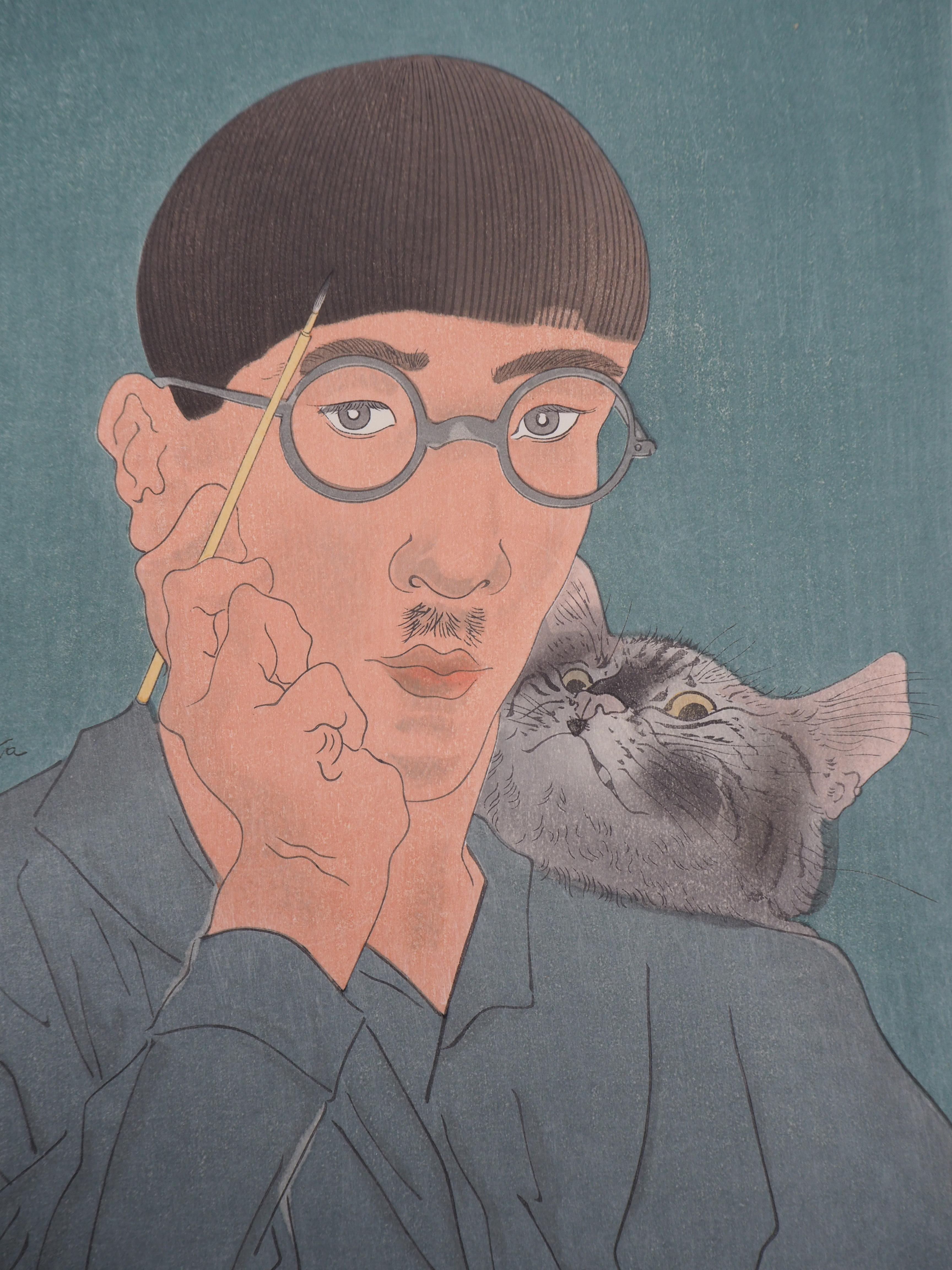 Self Portrait with Cat - Original woodcut, 1925 (Buisson #25.32) - Print by Leonard Tsuguharu Foujita
