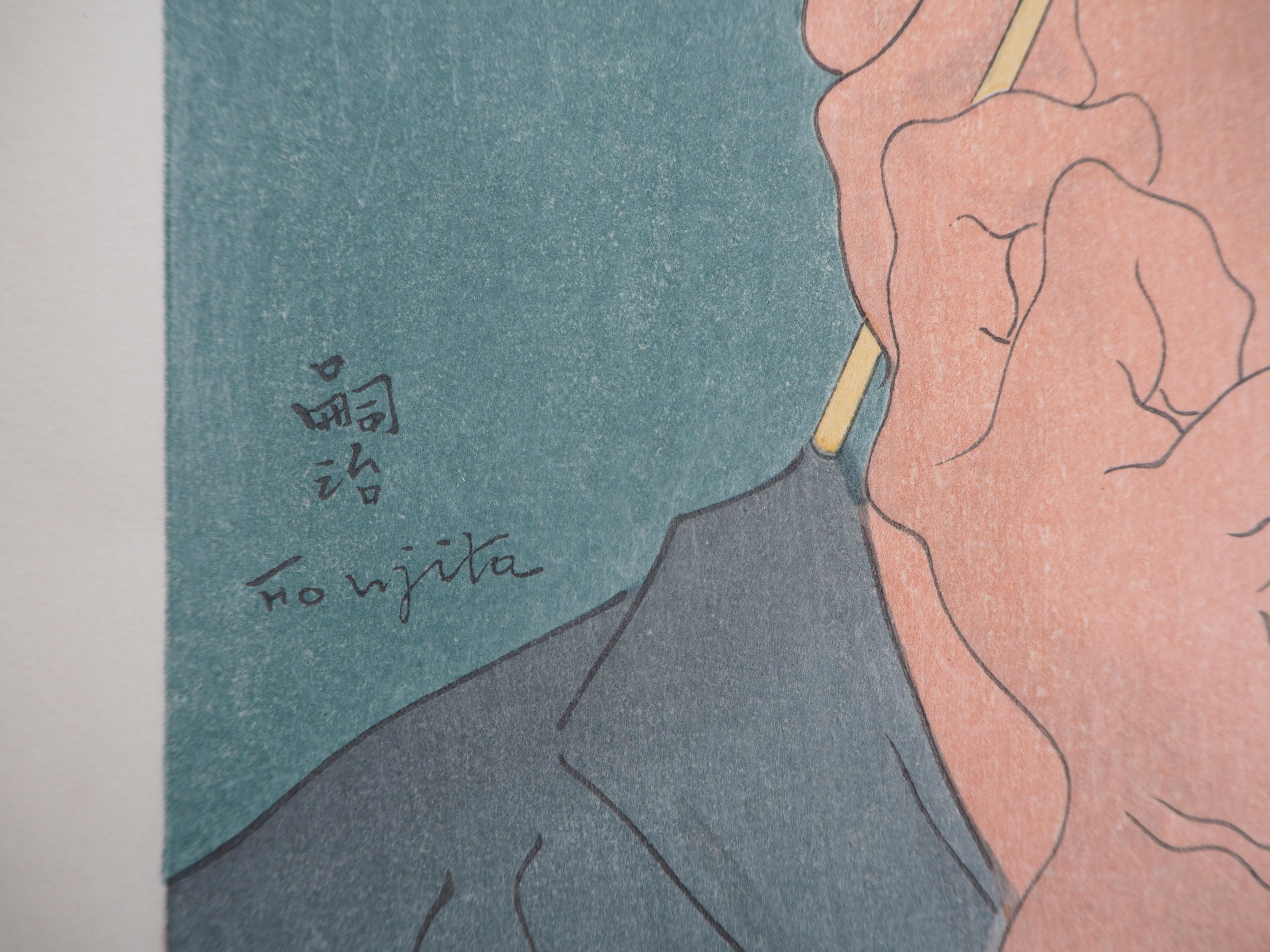 Self Portrait with Cat - Original woodcut, 1925 (Buisson #25.32) - Modern Print by Leonard Tsuguharu Foujita