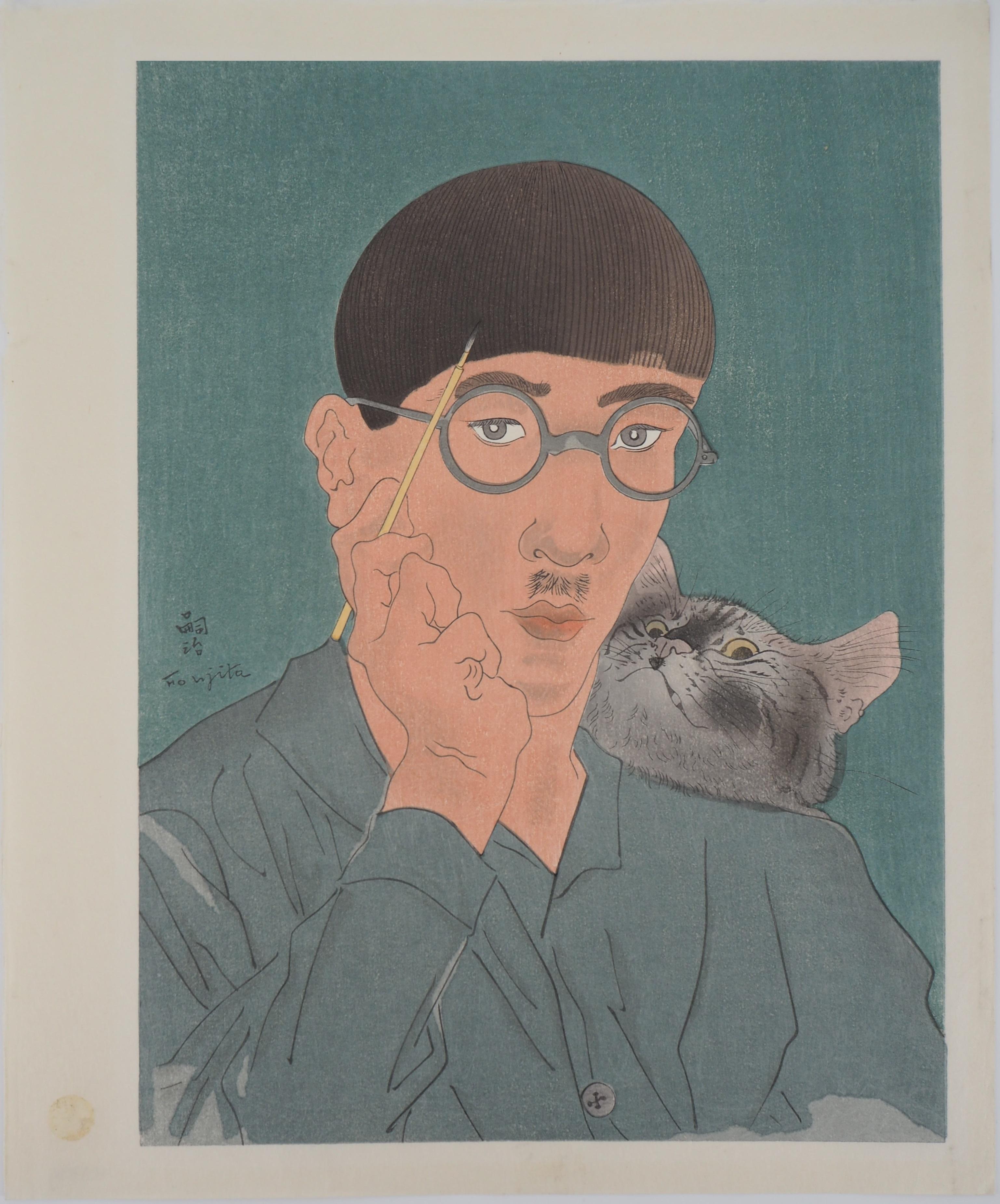 Self Portrait with Cat - Original woodcut, 1925 (Buisson #25.32) - Gray Portrait Print by Leonard Tsuguharu Foujita