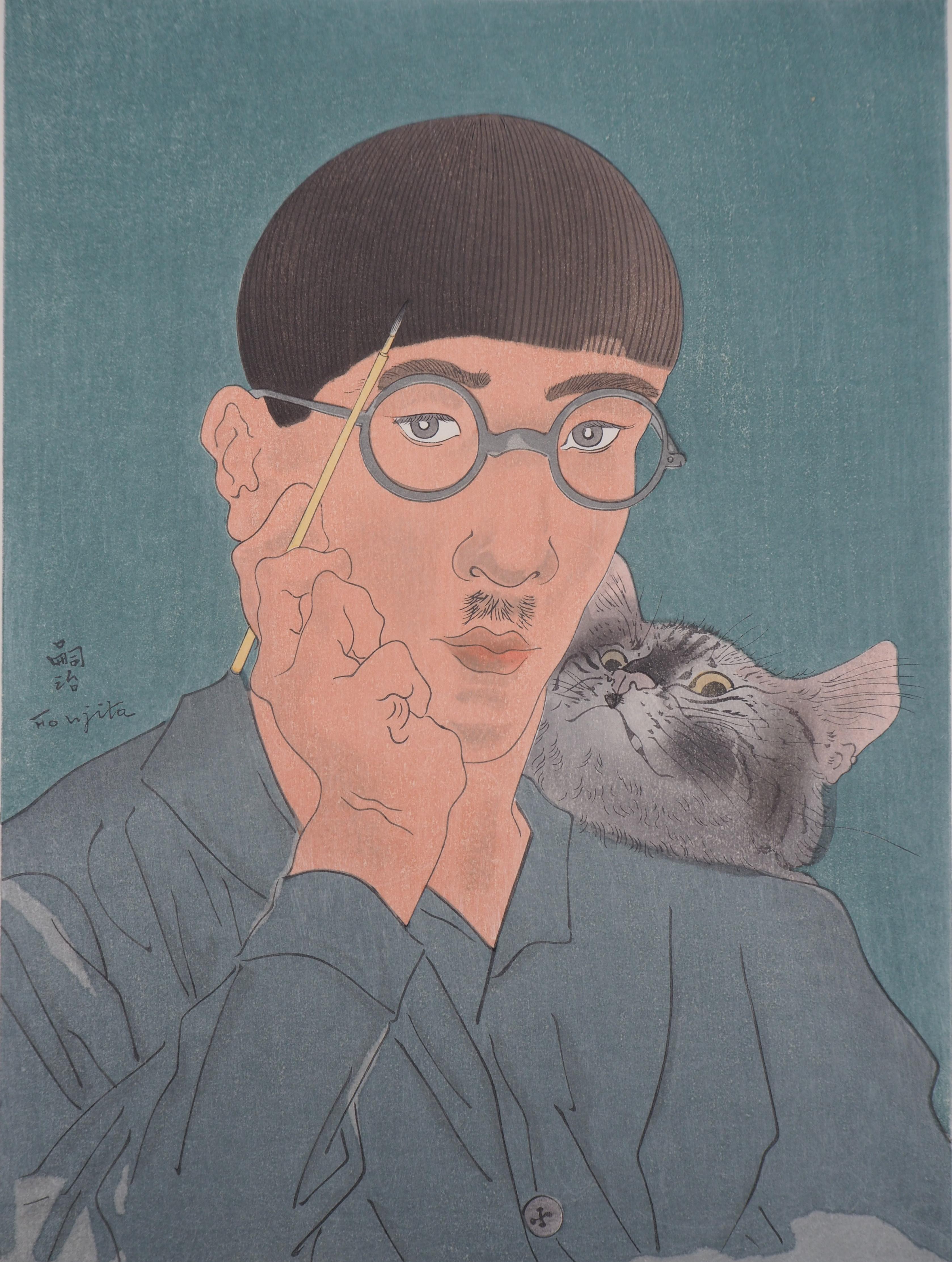 Leonard Tsuguharu Foujita Portrait Print - Self Portrait with Cat - Original woodcut, 1925 (Buisson #25.32)