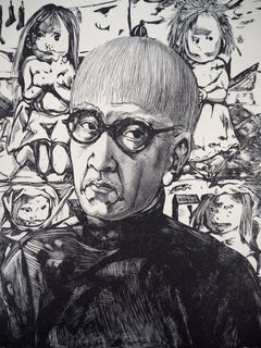 Portrait autoportrait avec enfants - gravure sur bois originale (Buisson n° 60.109)