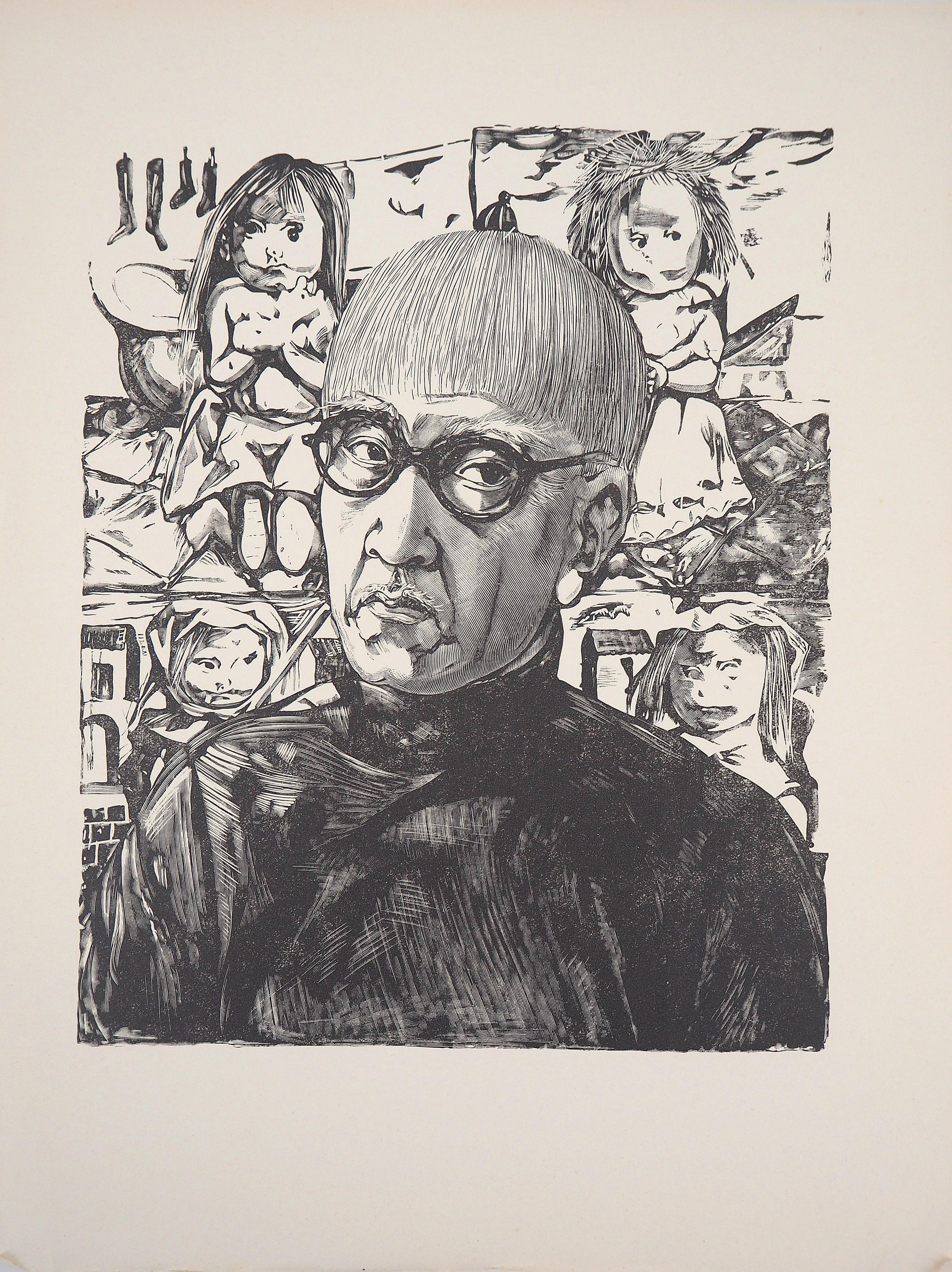 Leonard Tsuguharu Foujita Portrait Print - Self Portrait With Children - Original woodcut (Buisson #60.109)