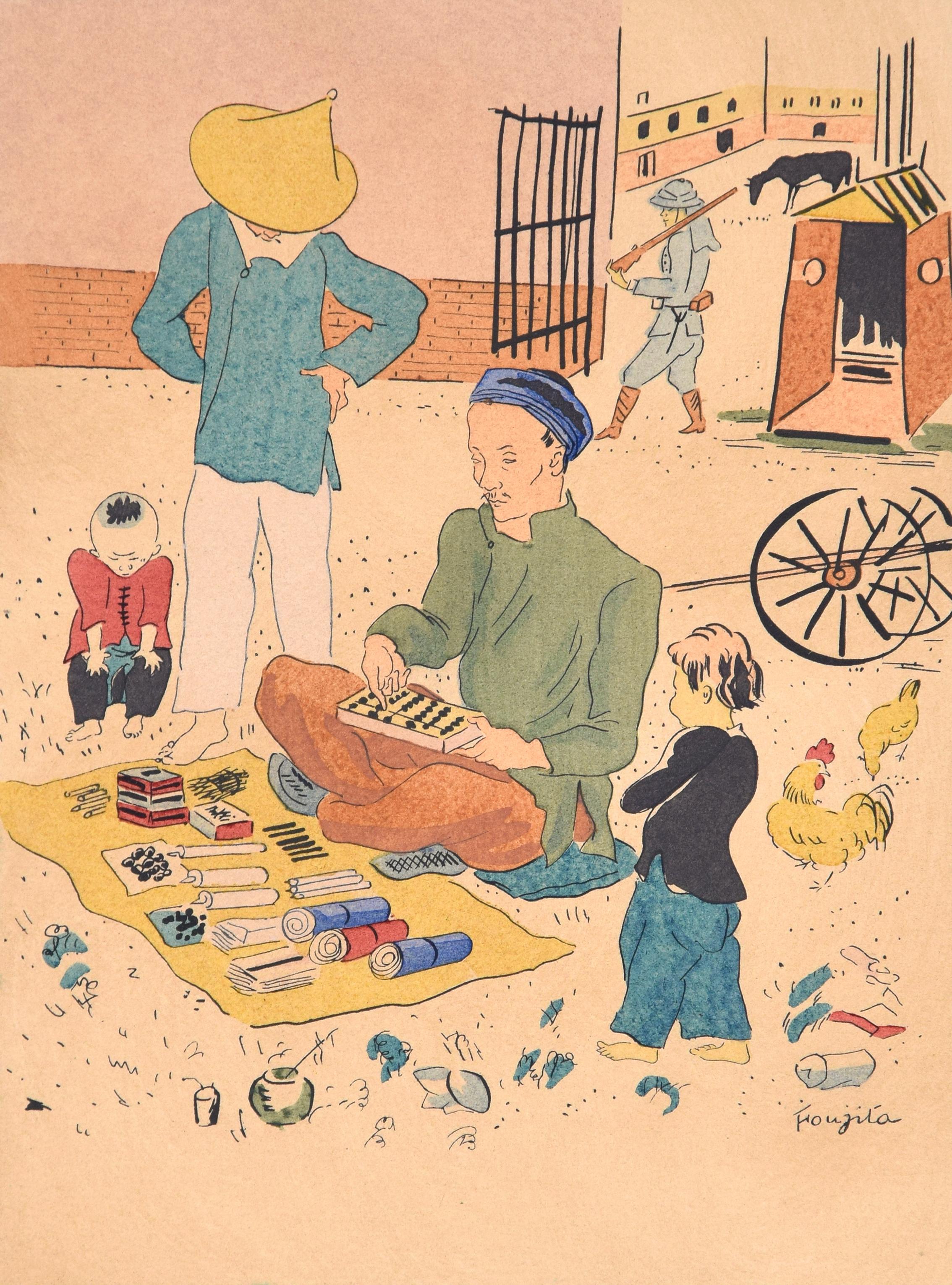 (after) Leonard Tsuguharu Foujita Figurative Print - The Scribe and his Pupils - Lithograph after L.T. Foujita - 1928
