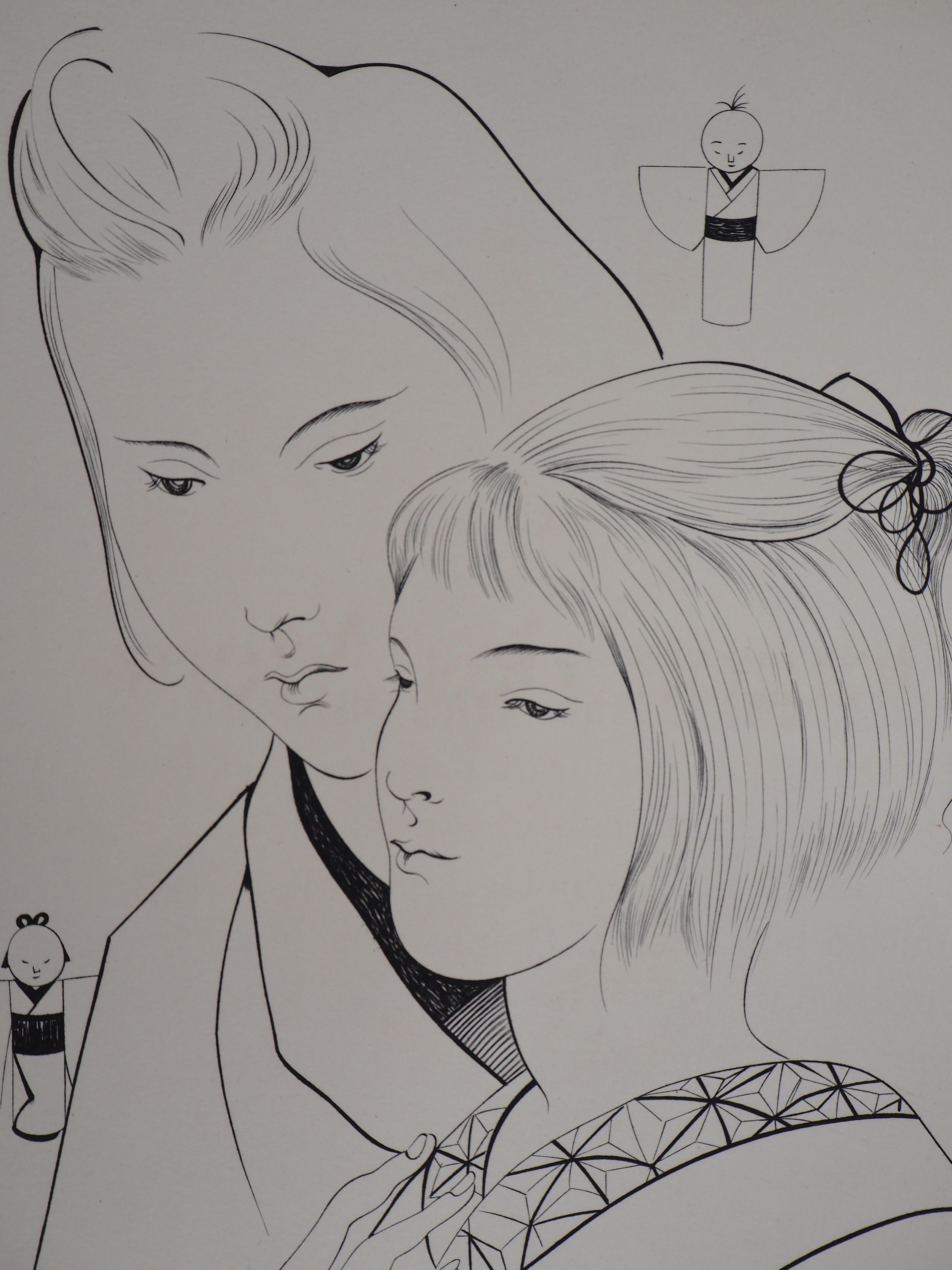 Two Japanese Women with Dolls - Original etching - Print by Leonard Tsuguharu Foujita