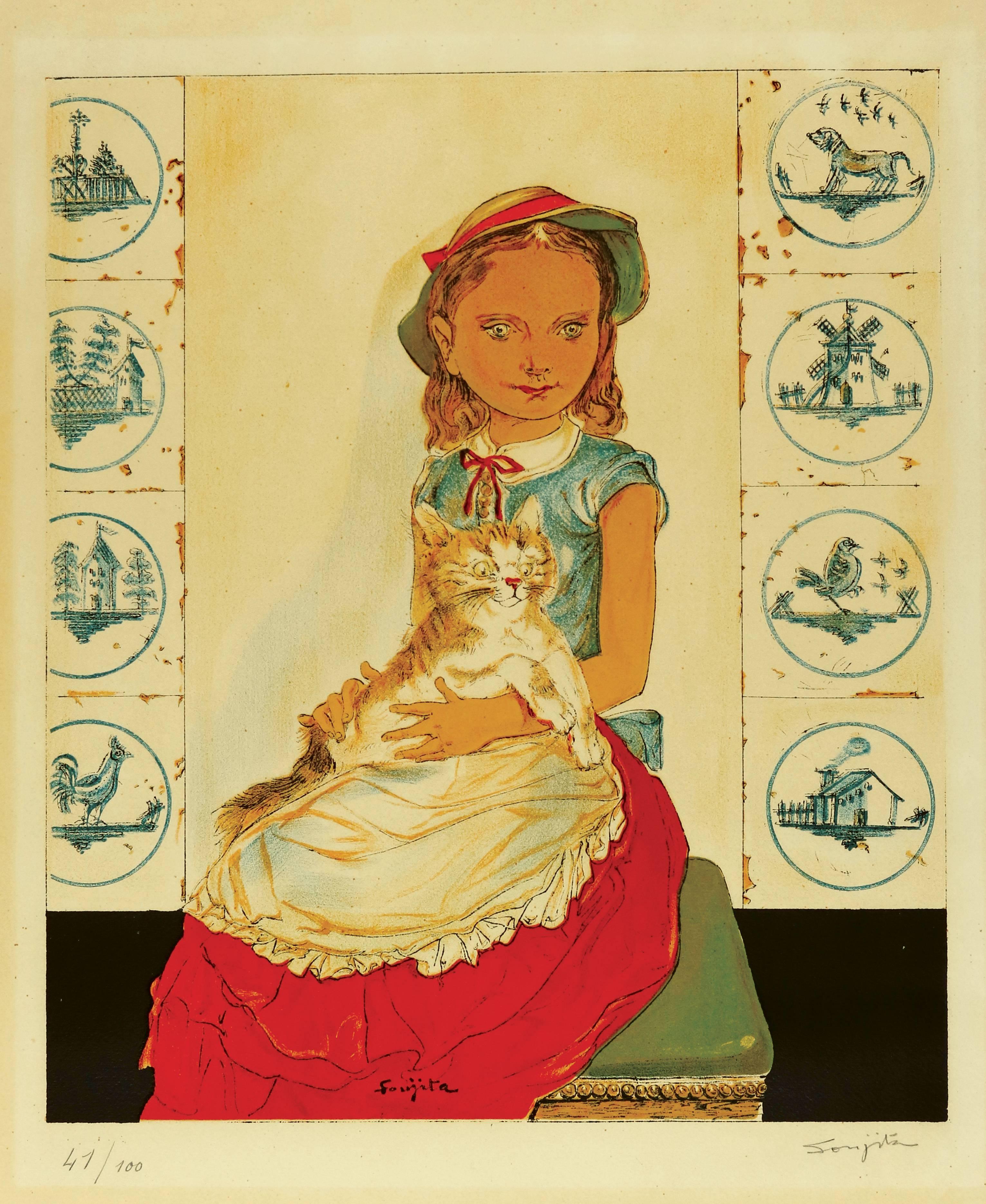 Leonard Tsuguharu Foujita Interior Print - Young Lady Holding a Cat