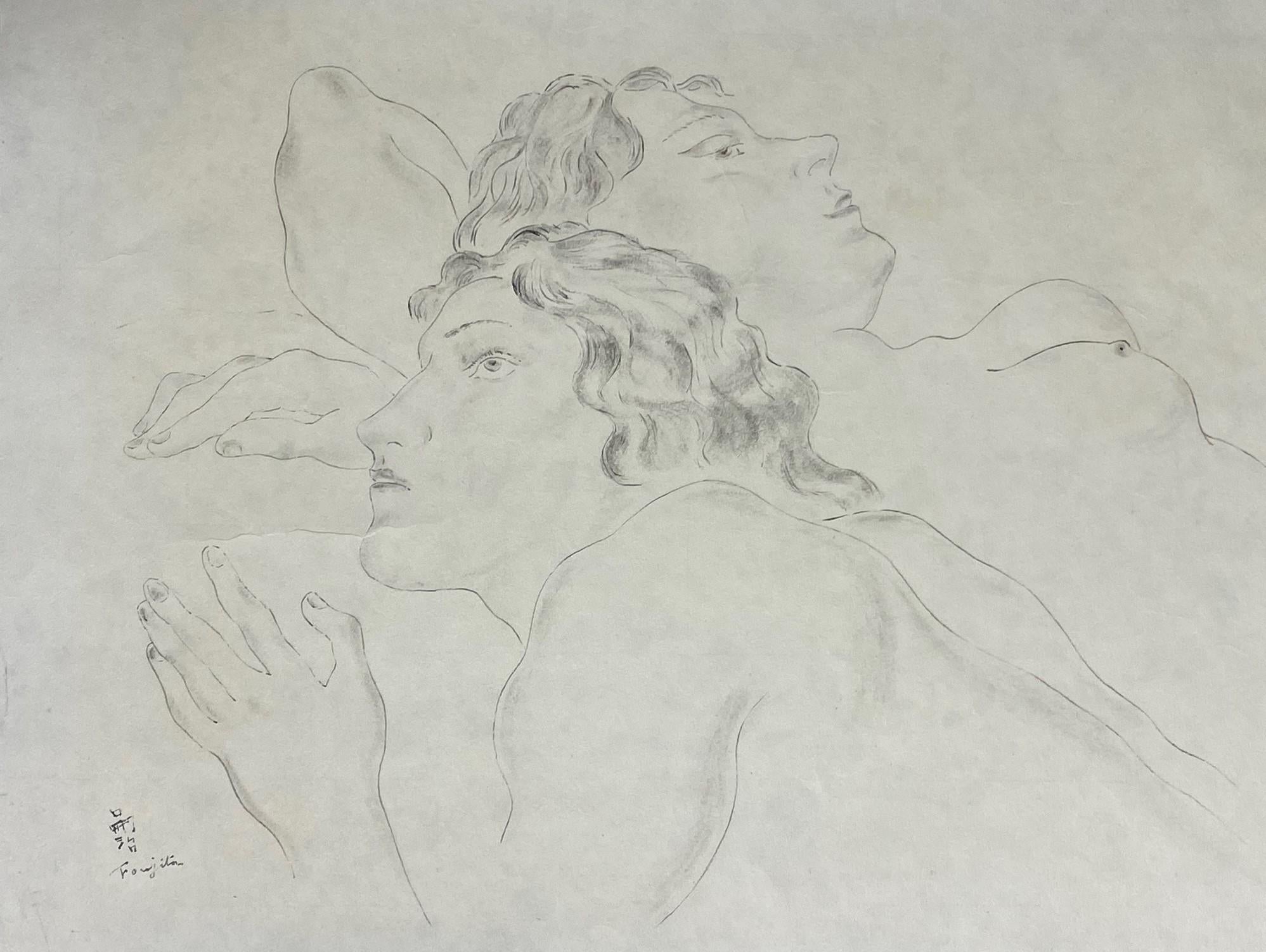 French Léonard Tsuguharu Foujita Signed Original Erotic Portrait de Jeune Femme Drawing