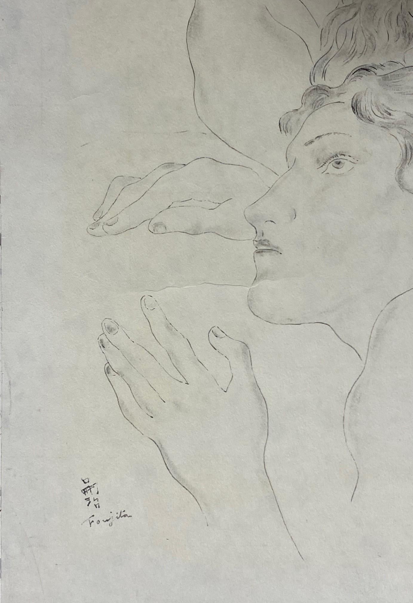 20th Century Léonard Tsuguharu Foujita Signed Original Erotic Portrait de Jeune Femme Drawing