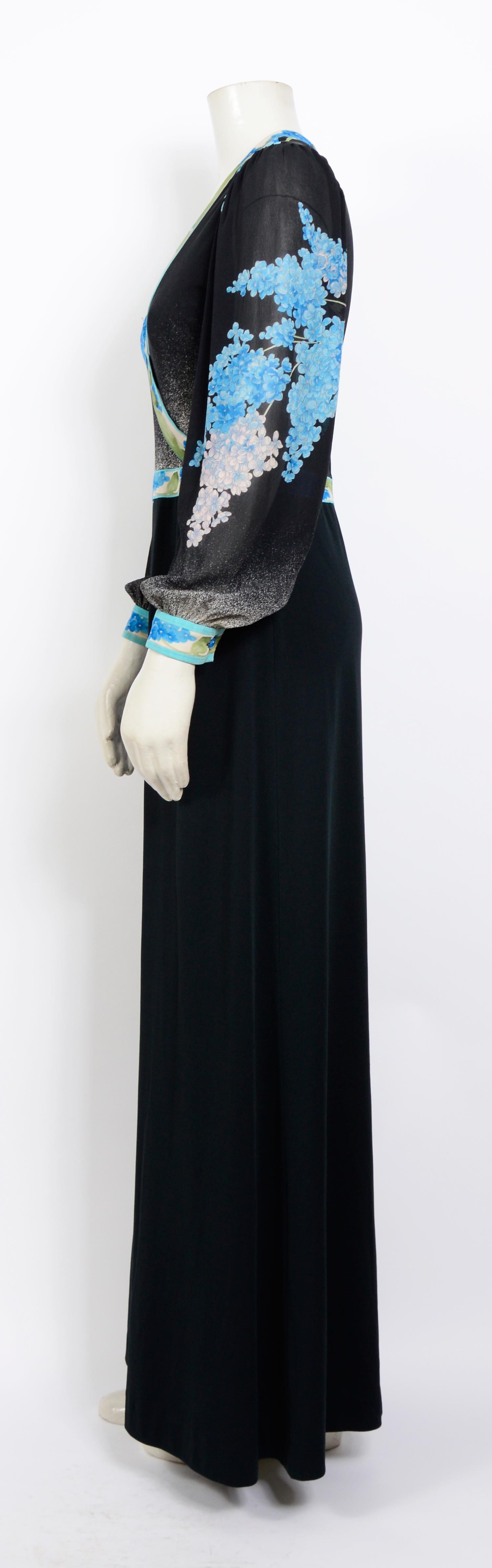 Black Leonard vintage 1970s signed bleu flower top 100% black silk jersey maxi dress For Sale