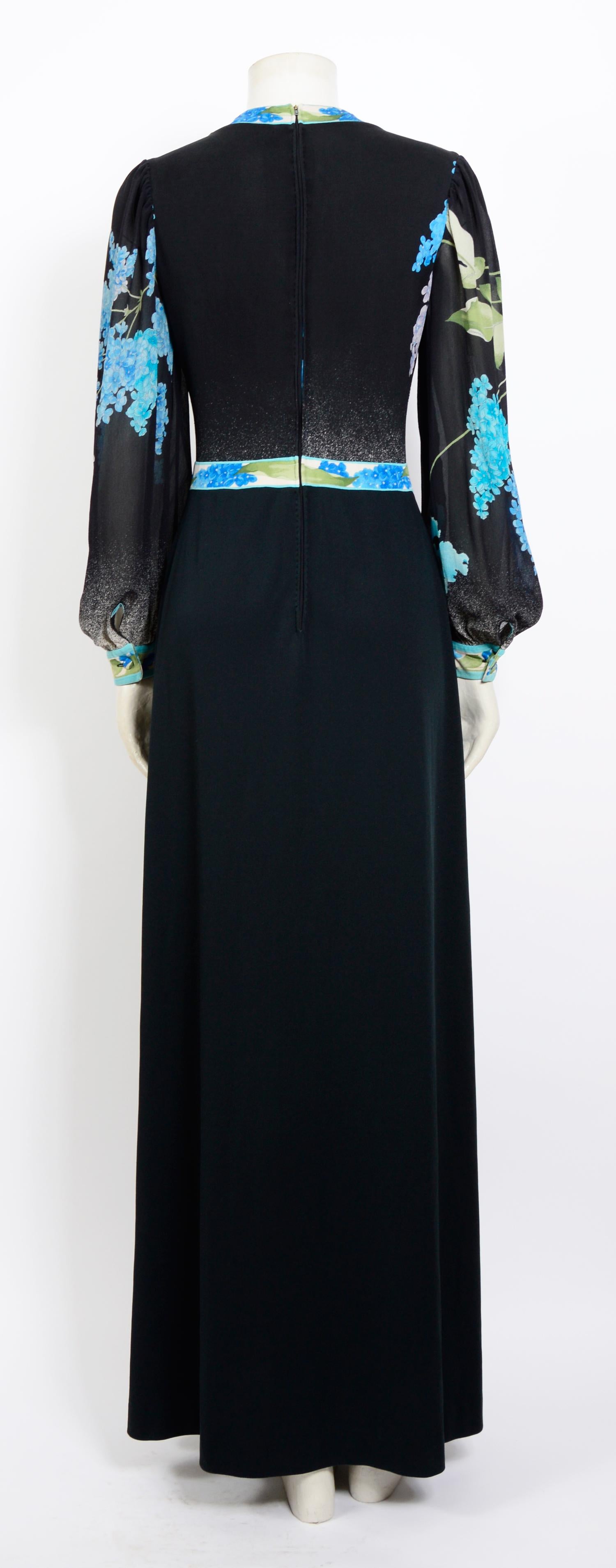 Leonard vintage 1970s signed bleu flower top 100% black silk jersey maxi dress In Excellent Condition For Sale In Antwerp, BE