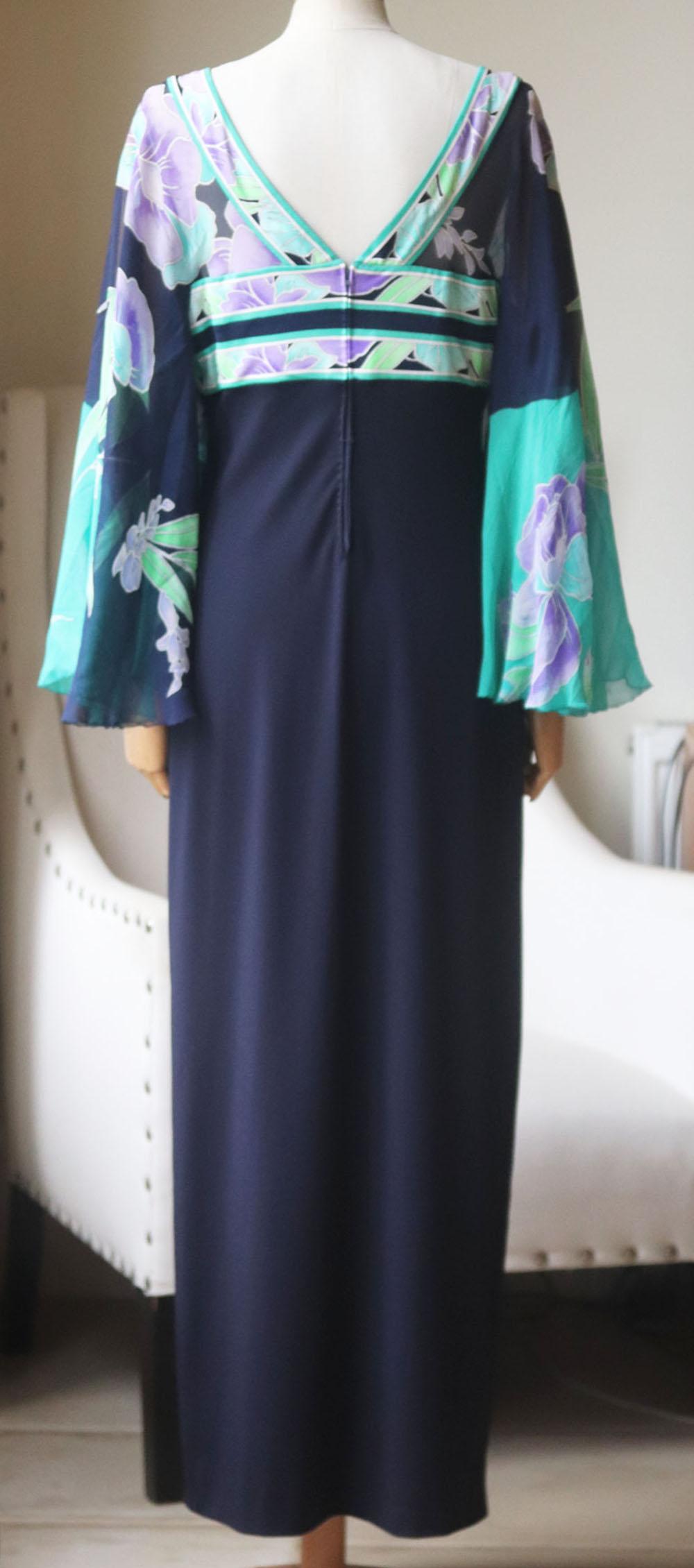 Black Leonard Vintage Ruffled Floral Print Silk Jersey Midi Dress