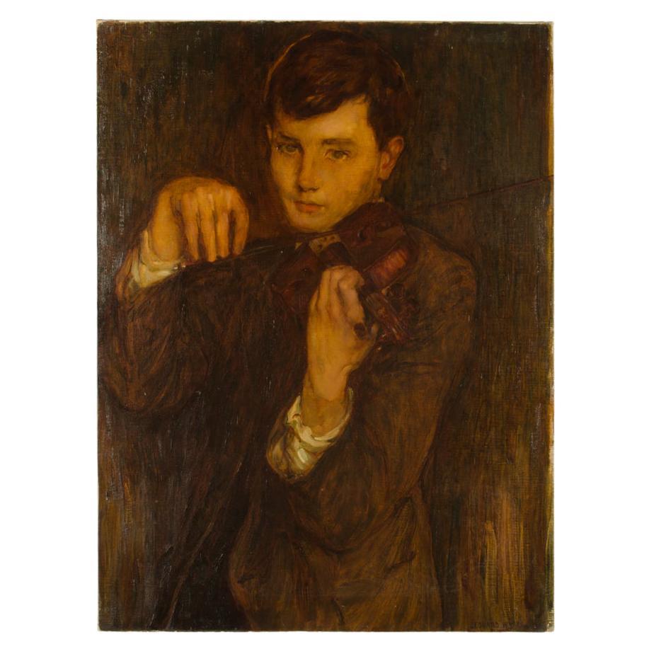 Leonard Watts (British, b. 1871 - d. 1951) "Boy with Violin" painting. For Sale