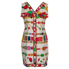 Vintage Léonard White Cotton Dress Printed with Candies and Fruits