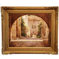 Framed Giclee on Canvas Painting "La Cour Du Village" Signed Leonard Wren 2001