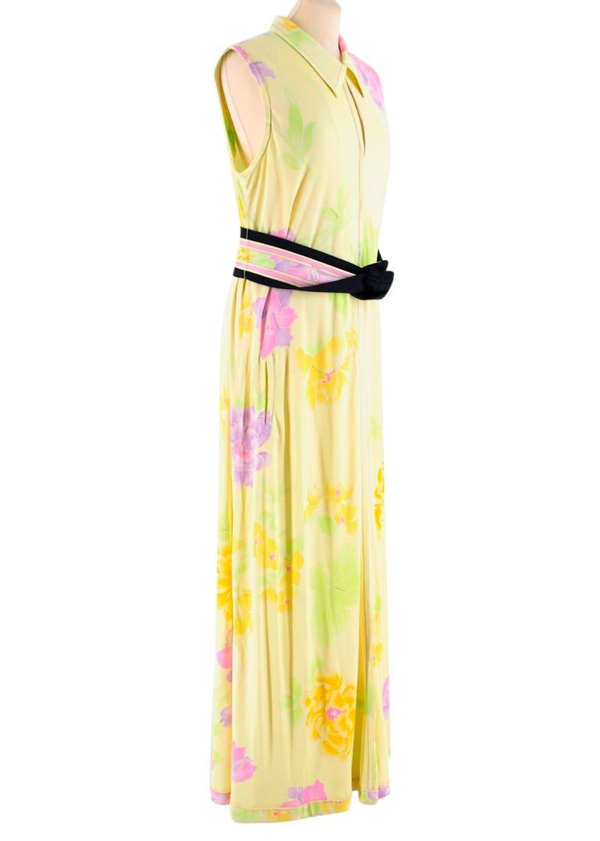 Leonard Yellow Sleeveless Maxi Dress with Black Sash. RRP £4195.00

- Pointed Collar
- Exposed thick stitching
- Invisible hooks up to collar
- Central Split in dress giving flowing effect 
- Black sash belt with floral and stripe print