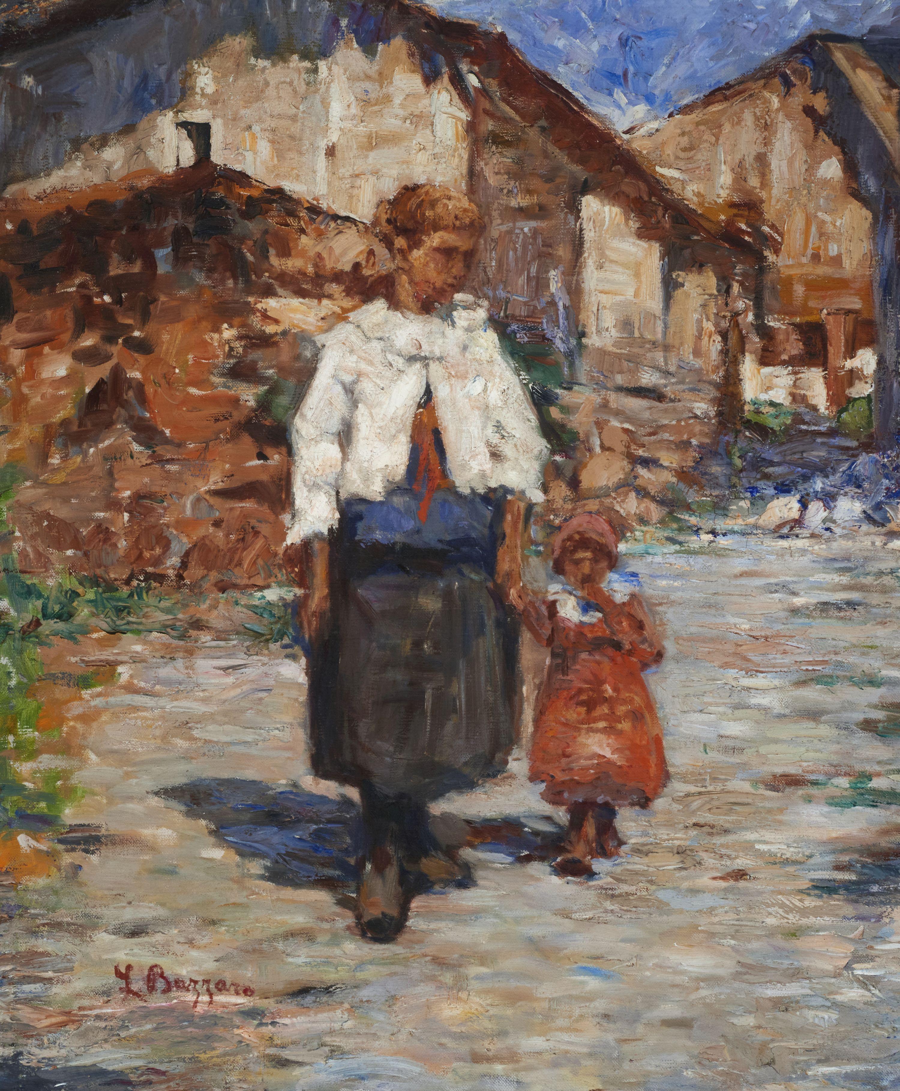 Painting, oil on canvas, measuring 100 x 80 cm without frame and 125 x 100 cm with frame depicting the Piazzetta of Cogne by the painter Leonardo Bazzaro, signed and dated 1927.

The sketch of this painting is published in the collection dedicated