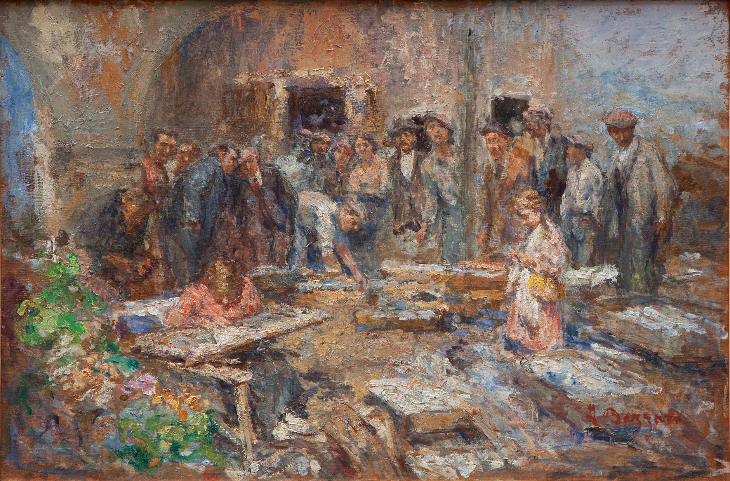 Ear Market - Chioggia 1936 - Painting by Leonardo Bazzaro (Milano, 1853 – 1937) 