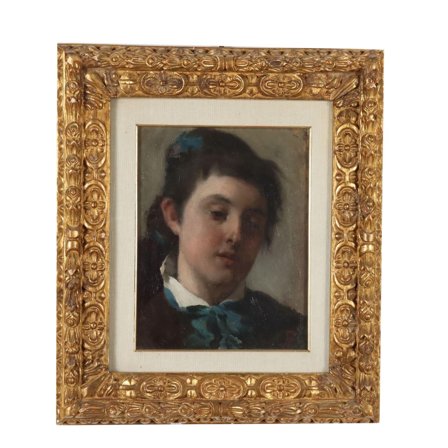 Leonardo Bazzaro (Milano, 1853 – 1937)  Portrait Painting - Ritratto di Fanciulla, 1874