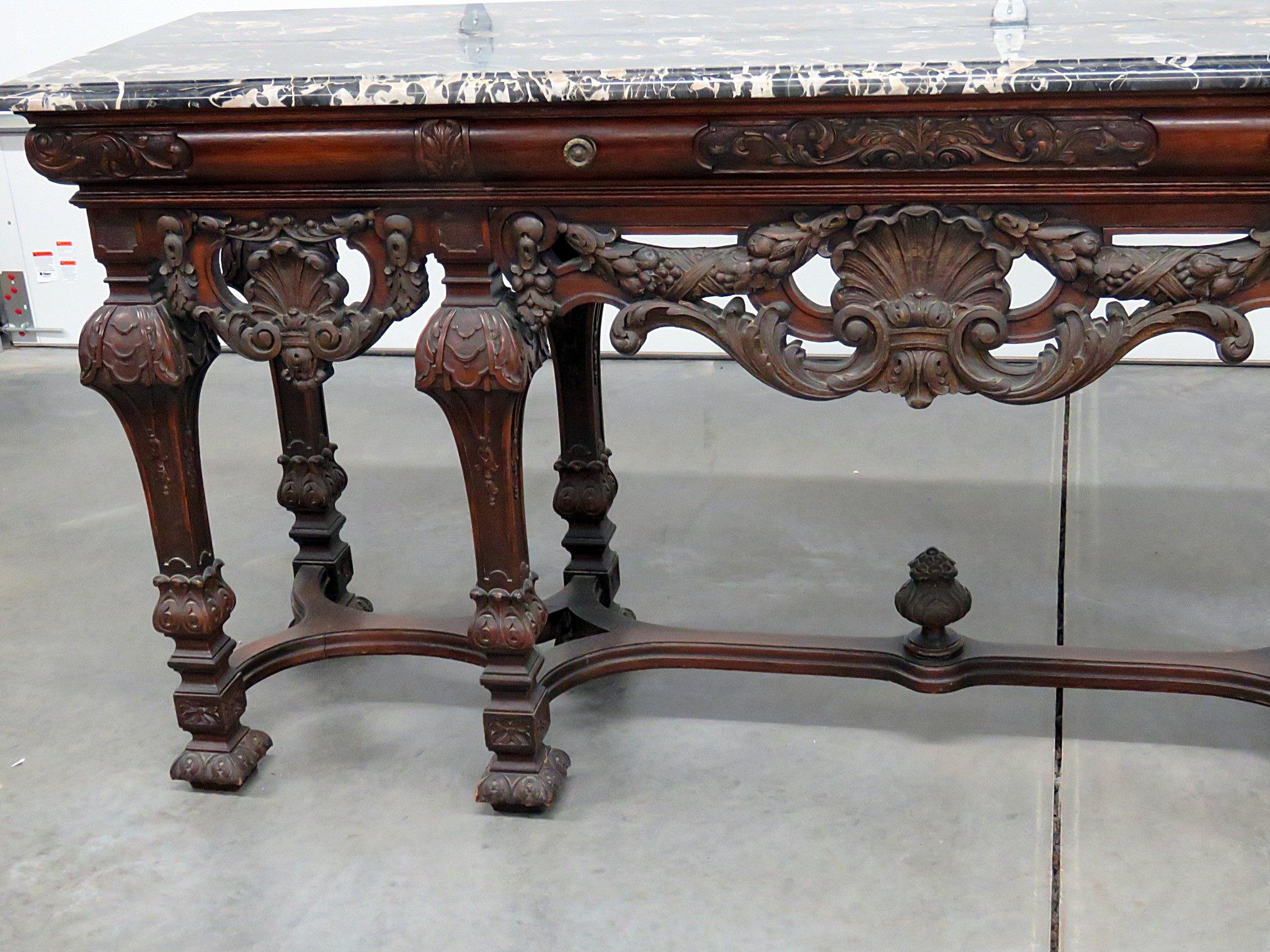 Renaissance Carved Walnut English Marble Top Sideboard Buffet Server C1920s