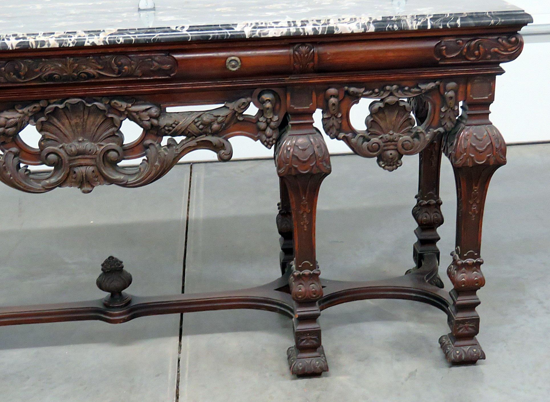 American Carved Walnut English Marble Top Sideboard Buffet Server C1920s