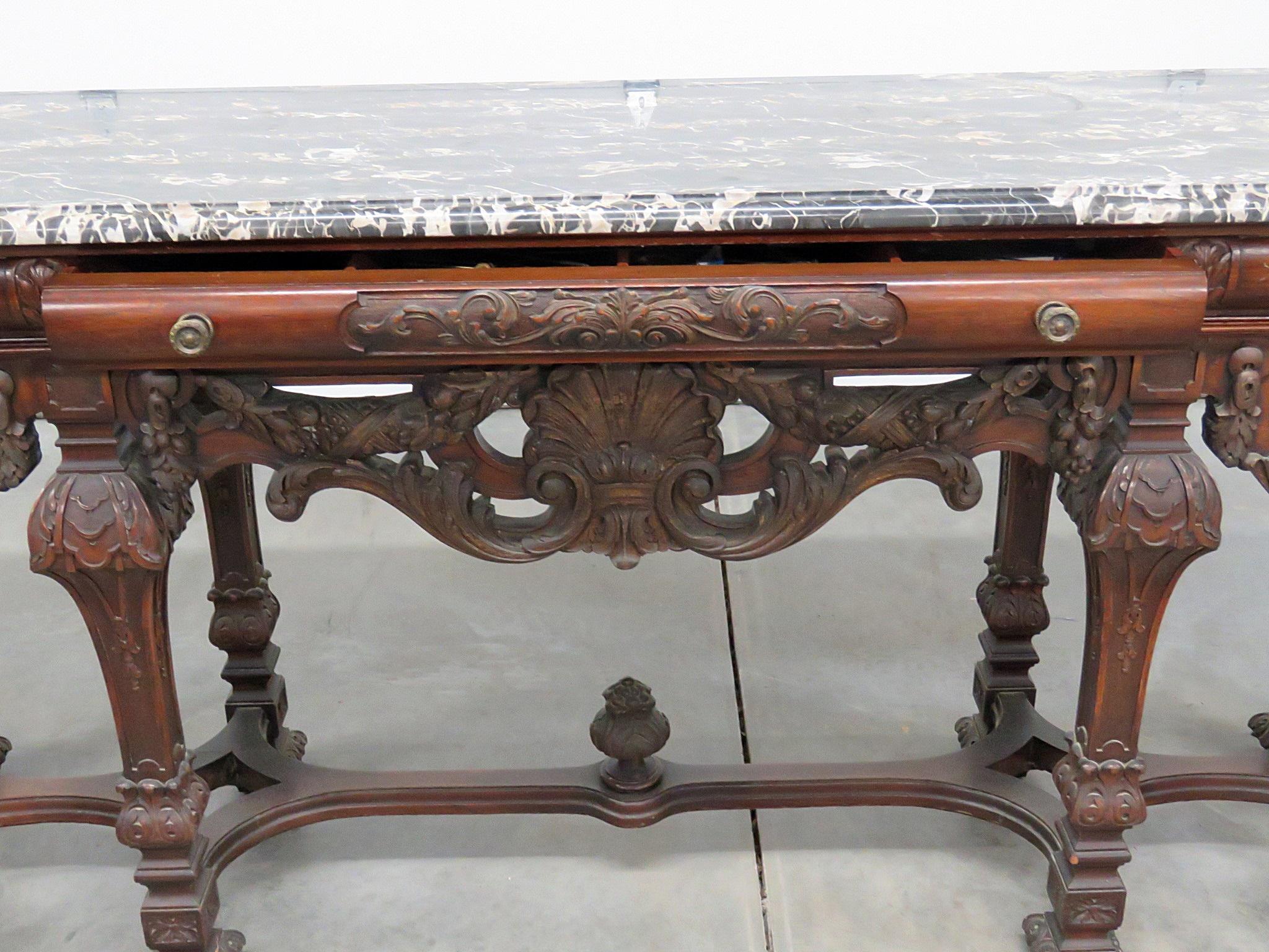 Carved Walnut English Marble Top Sideboard Buffet Server C1920s In Good Condition In Swedesboro, NJ