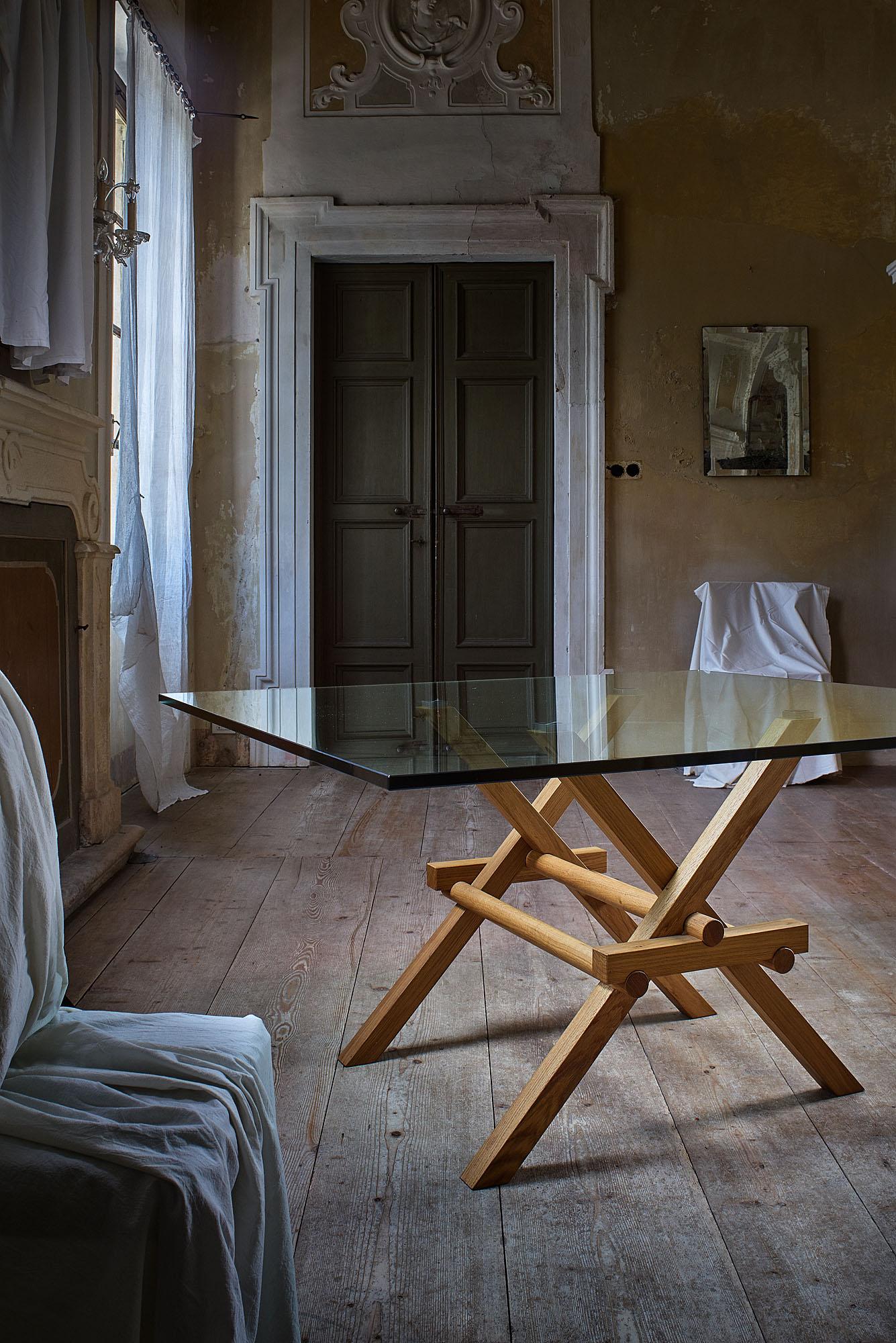 Leonardo, Contemporary Table Made of Ashwood with Glass Top, des. Marco Ferreri 6