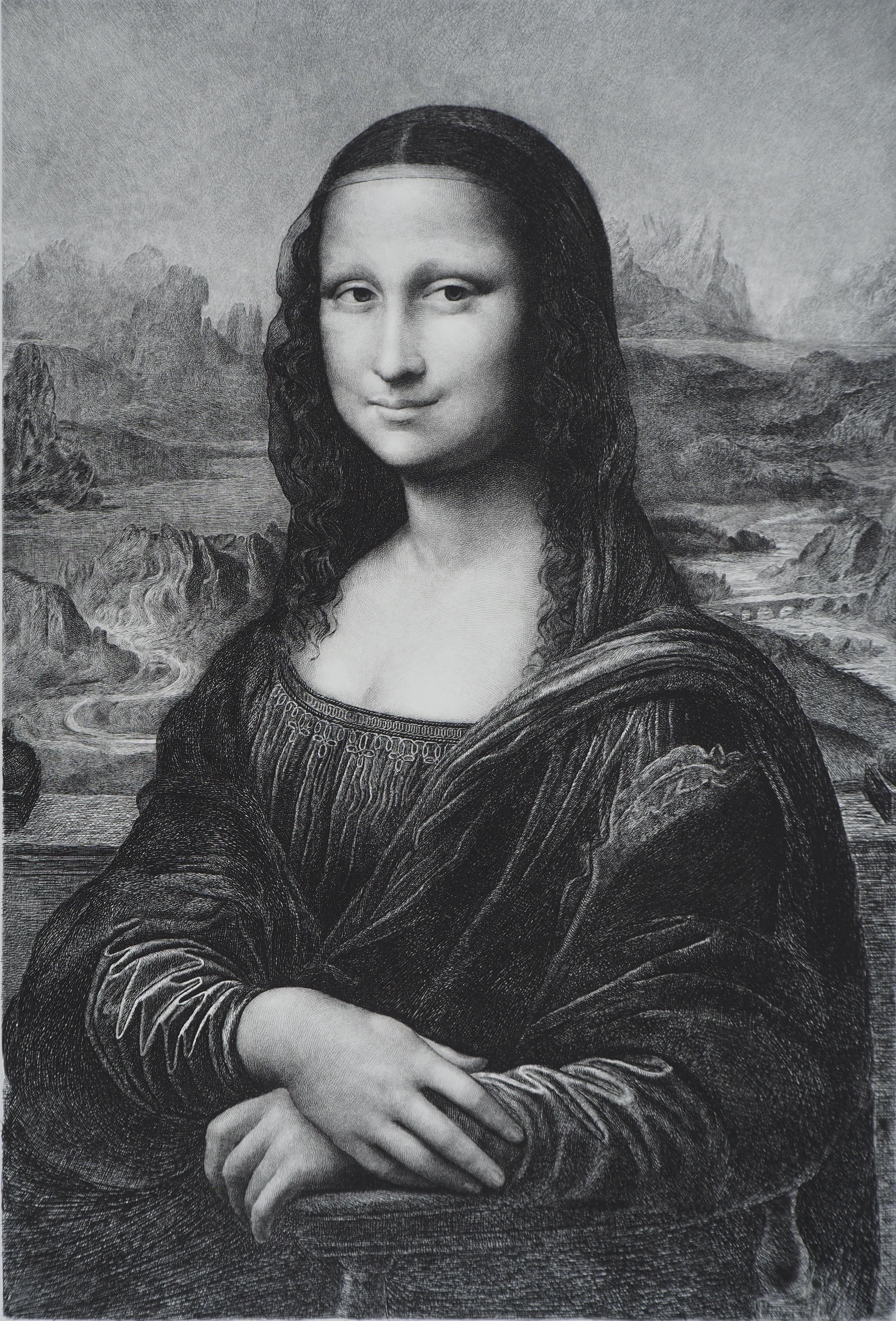 Mona Lisa - Grabado del Museo del Louvre - Portrait Print Gris de Leonardo da Vinci
