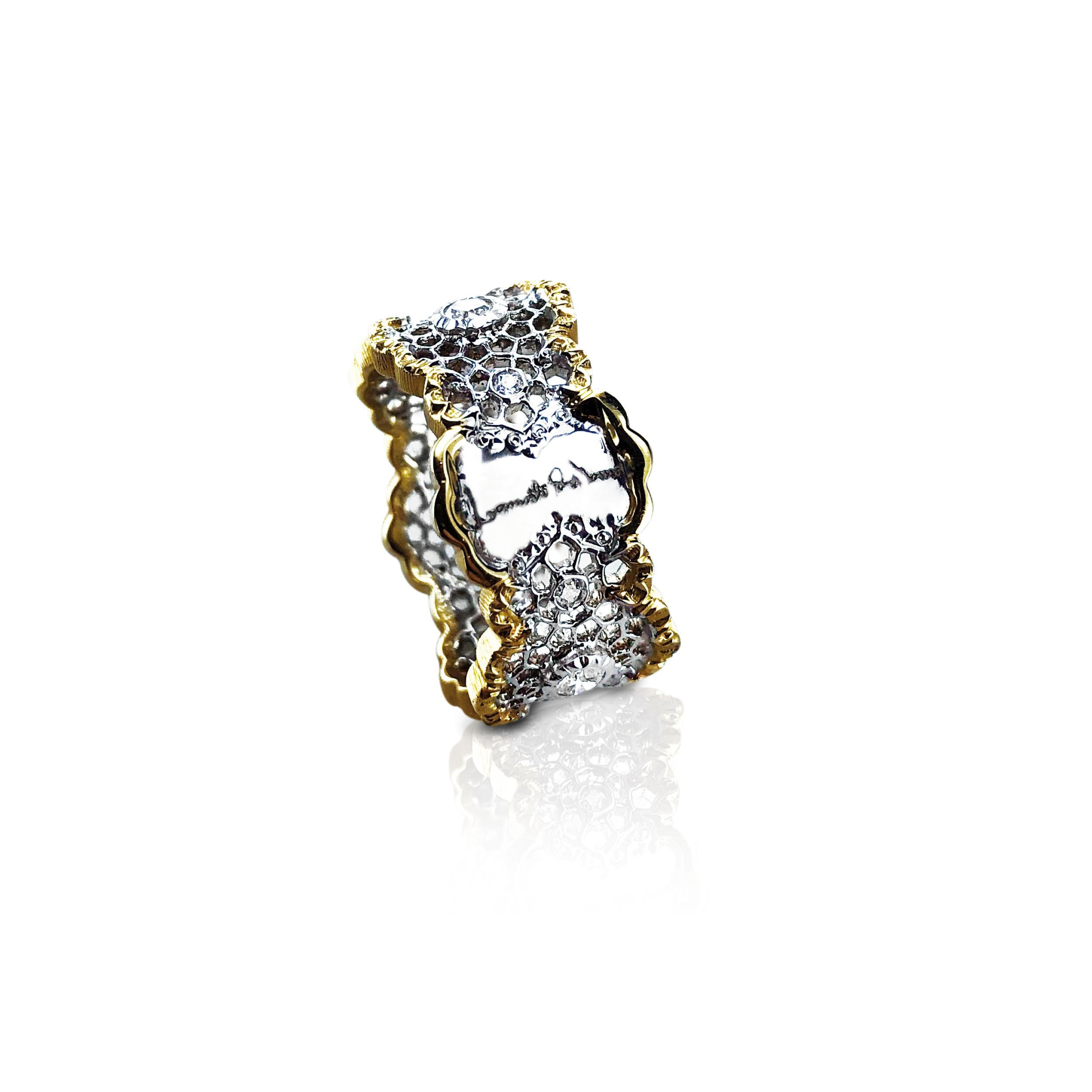 This white and yellow Gold 18Kt Cecilia diamond Ring, was designed and inspired by Leonardo da Vinci drawings, and is sprinkled with the internationally patented Leonardo da Vinci Cut diamond. 

The diamond cut incorporates the Divine Proportion and