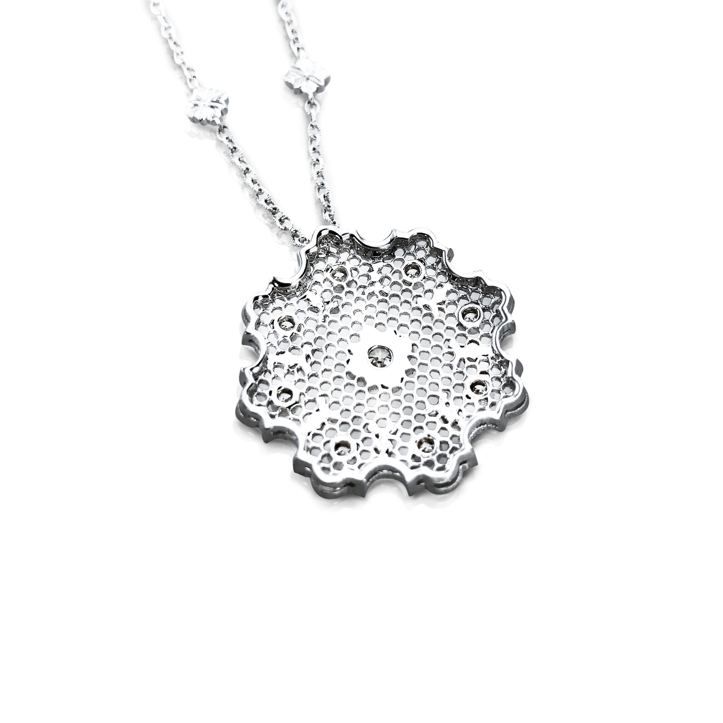 This 18Kt White Gold Diamond Pendant Necklace, is designed and inspired by Leonardo da Vinci drawings. 

The Octagon pendant is decorated with mini webbed pentagons and dressed with diamonds on each of the 8 corners and finished beautifully with a